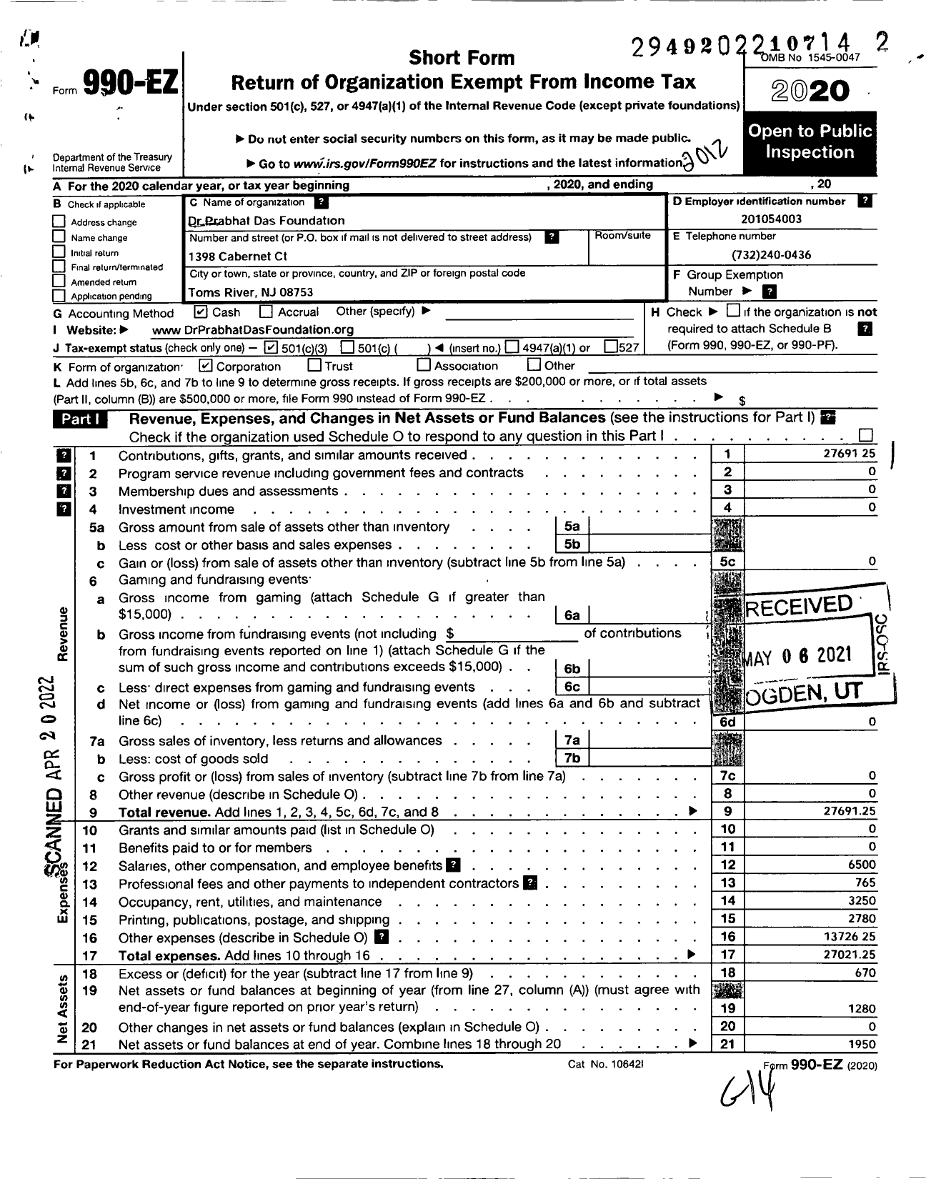 Image of first page of 2020 Form 990EZ for Dr Prabhat Das Foundation