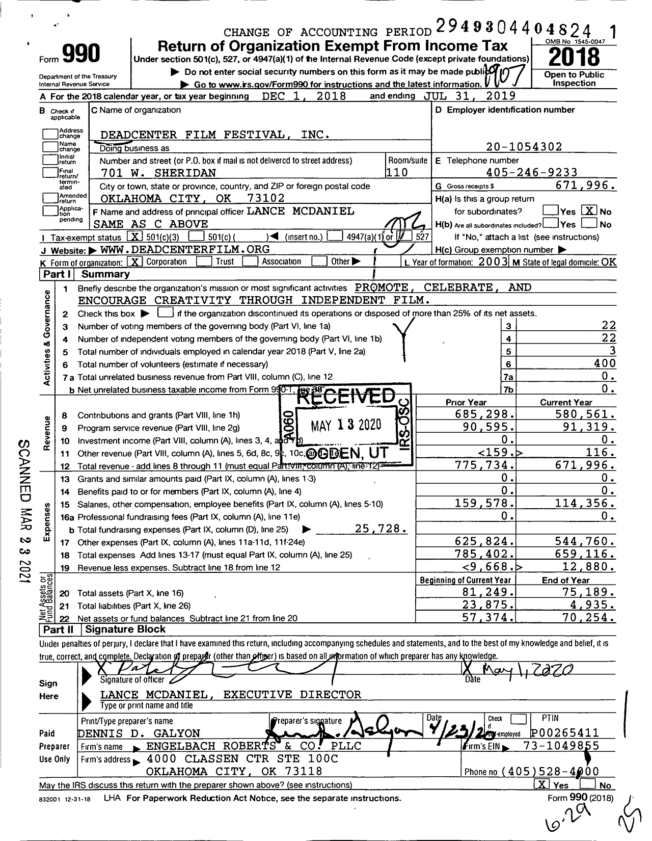 Image of first page of 2018 Form 990 for Deadcenter Film Festival