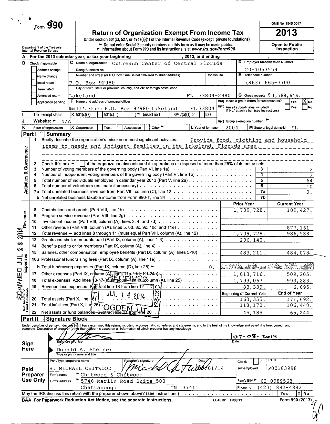 Image of first page of 2013 Form 990 for Outreach Center of Central Florida