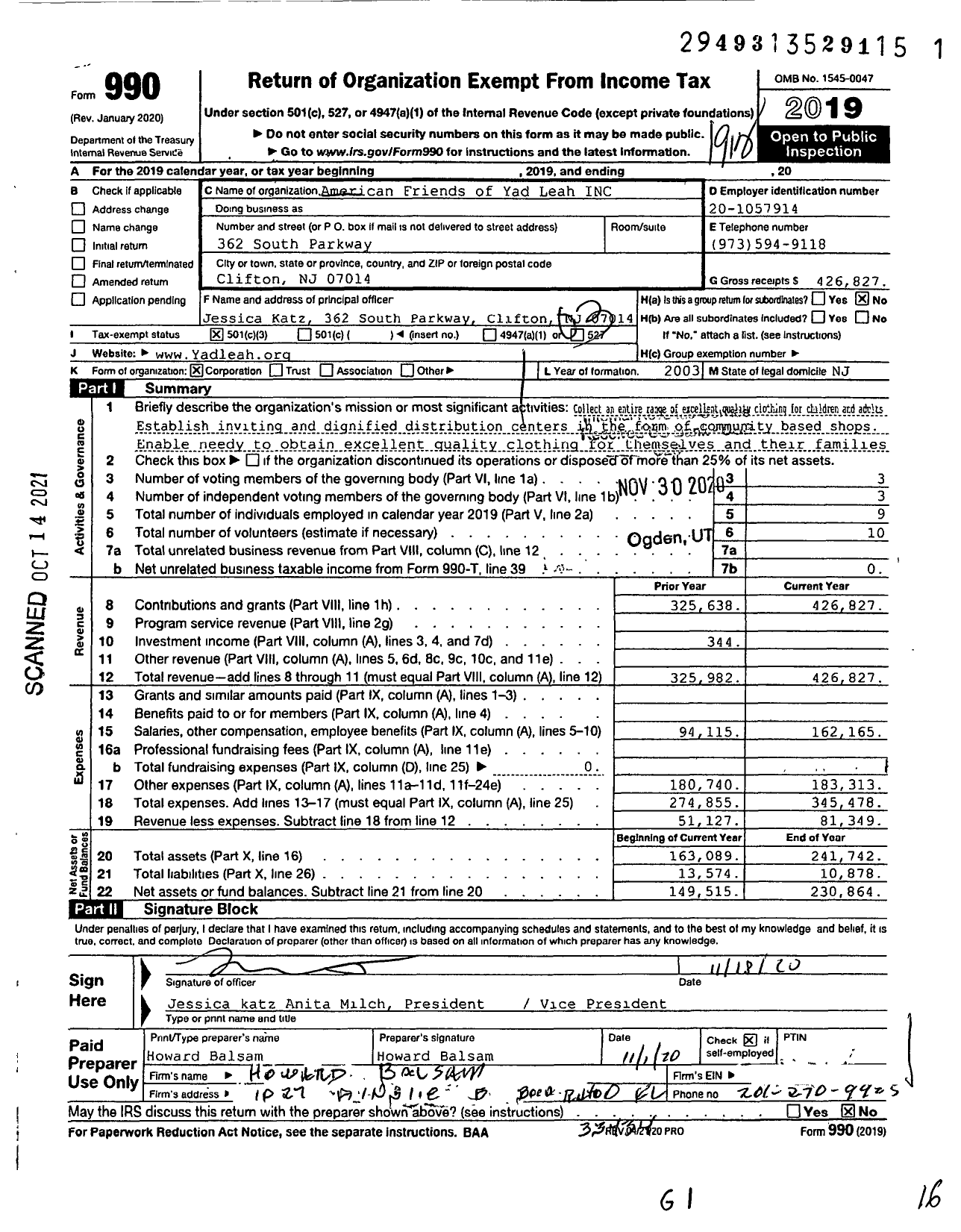 Image of first page of 2019 Form 990 for American Friends of Yad Leah