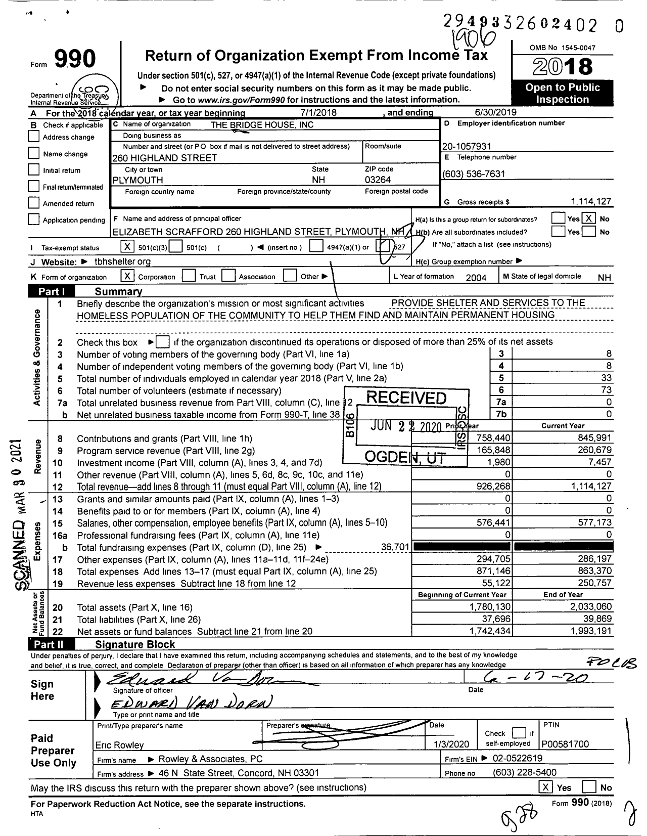 Image of first page of 2018 Form 990 for The Bridge House