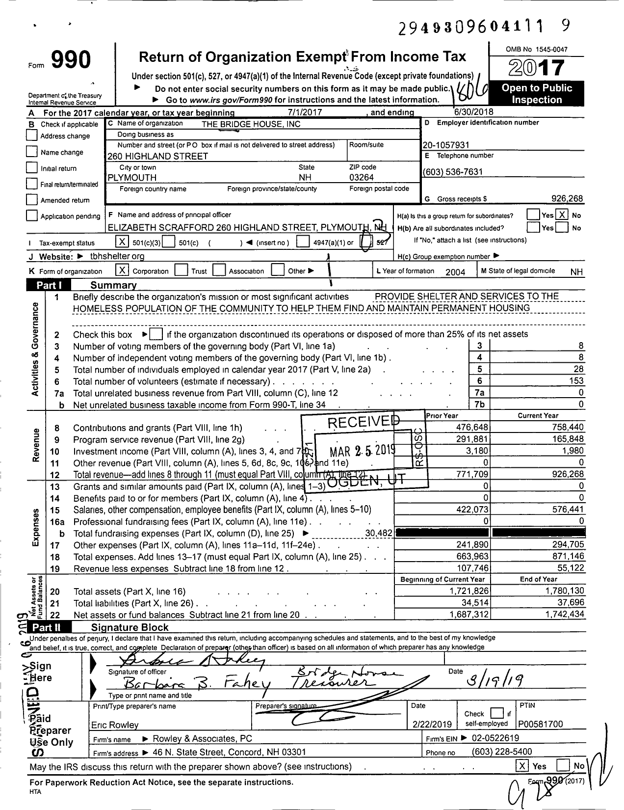 Image of first page of 2017 Form 990 for The Bridge House