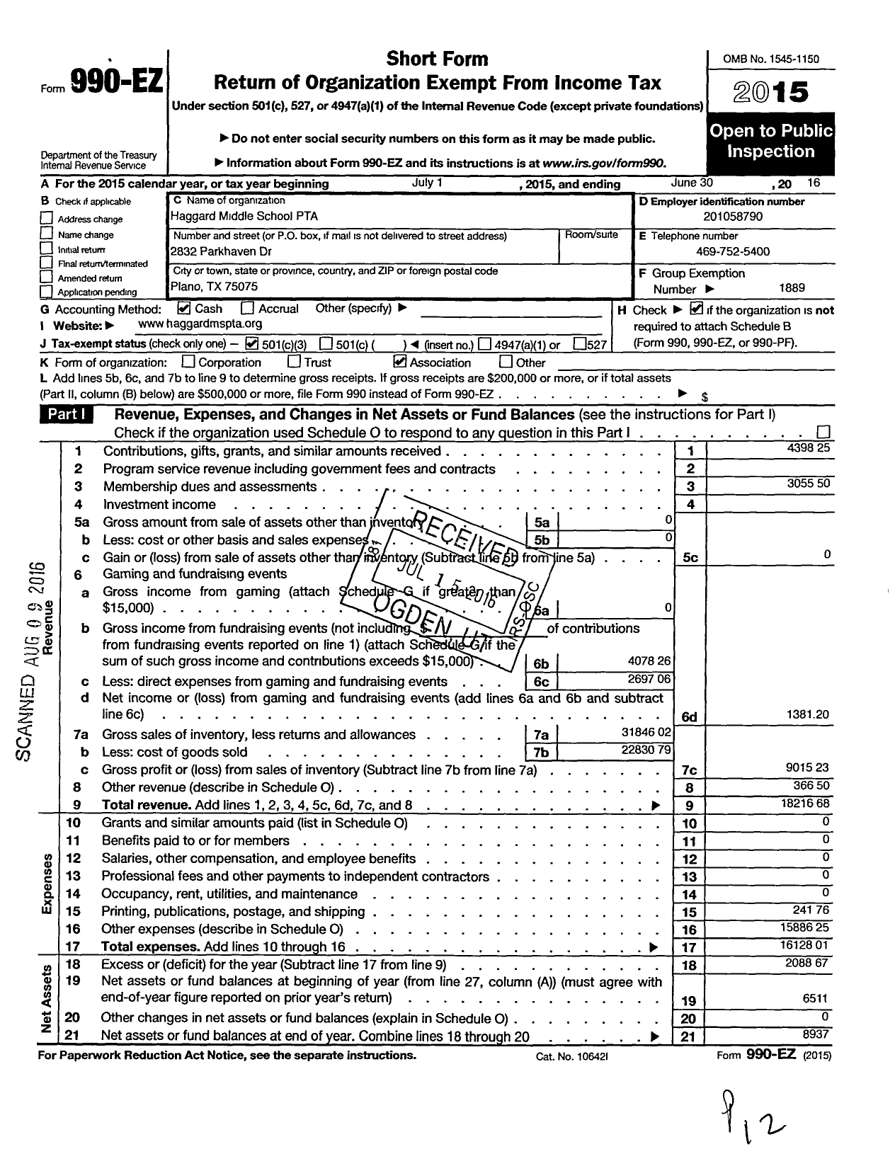 Image of first page of 2015 Form 990EZ for Texas PTA - Haggard Middle School PTA