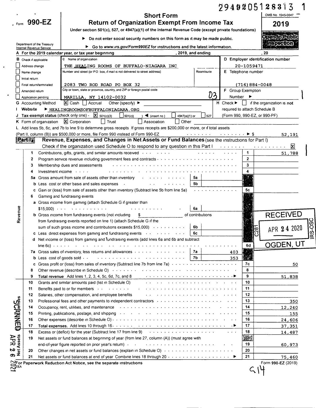 Image of first page of 2019 Form 990EZ for The Healing Rooms of Buffalo-Niagara