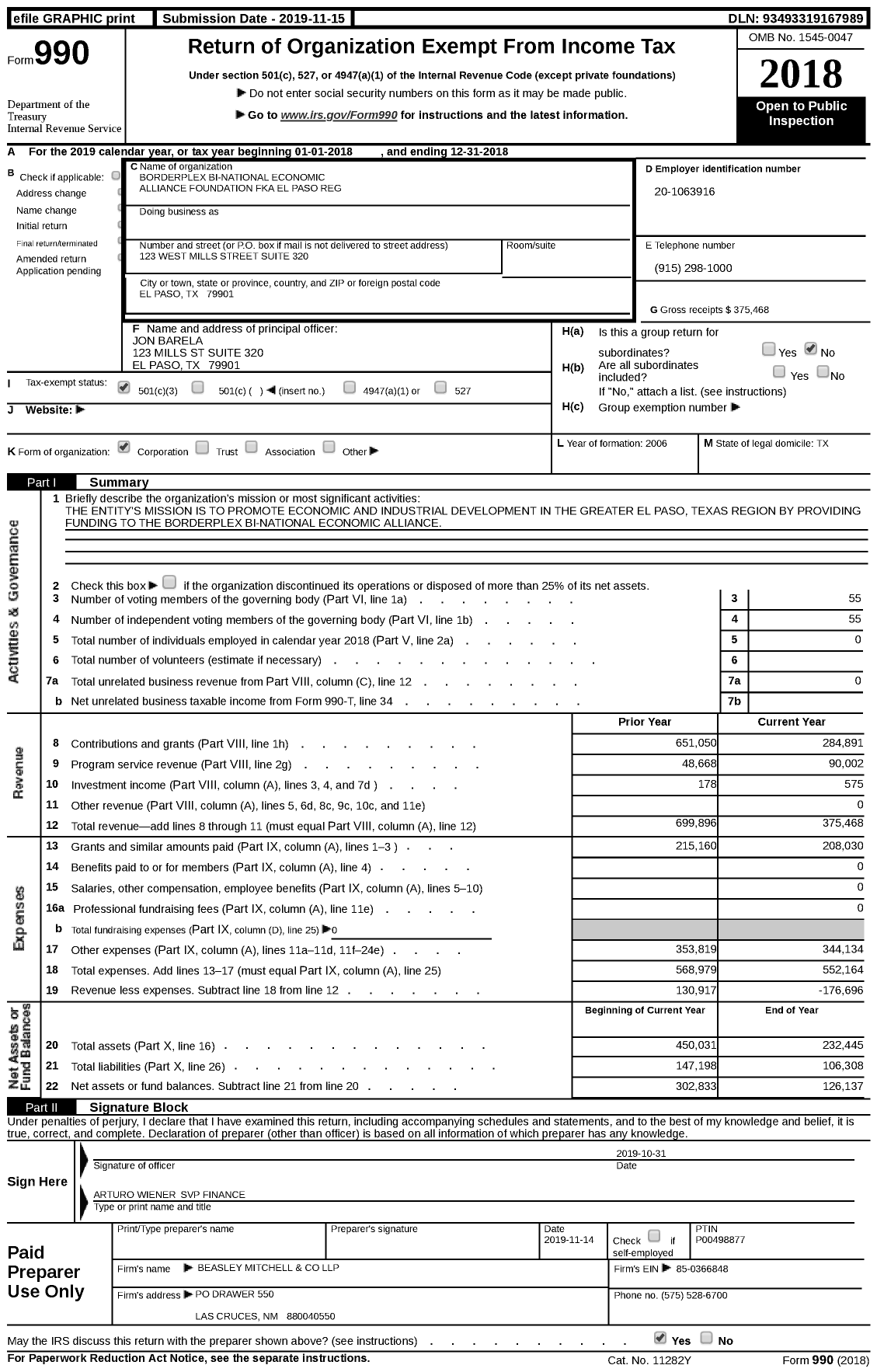 Image of first page of 2018 Form 990 for Borderplex Bi-National Economic Alliance Foundation