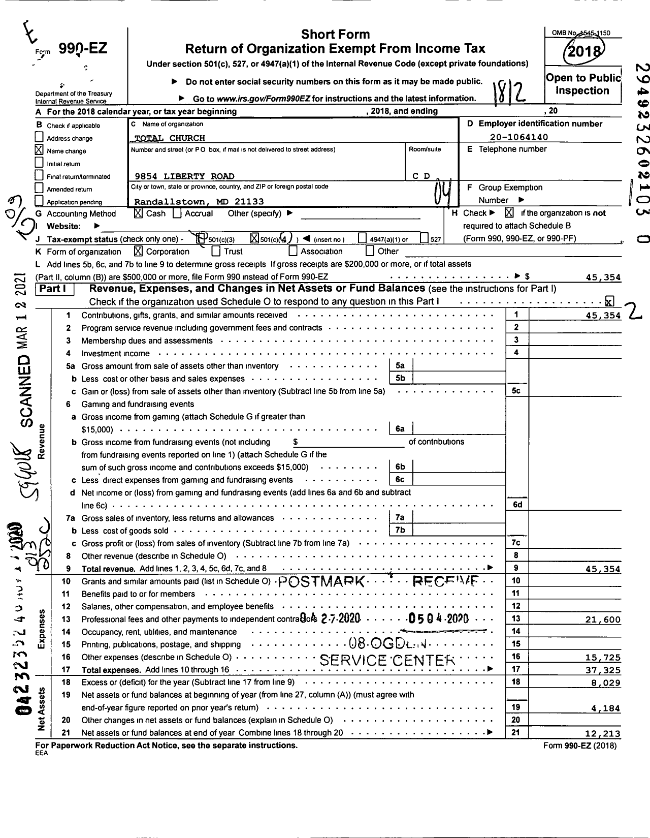 Image of first page of 2018 Form 990EO for Total Church