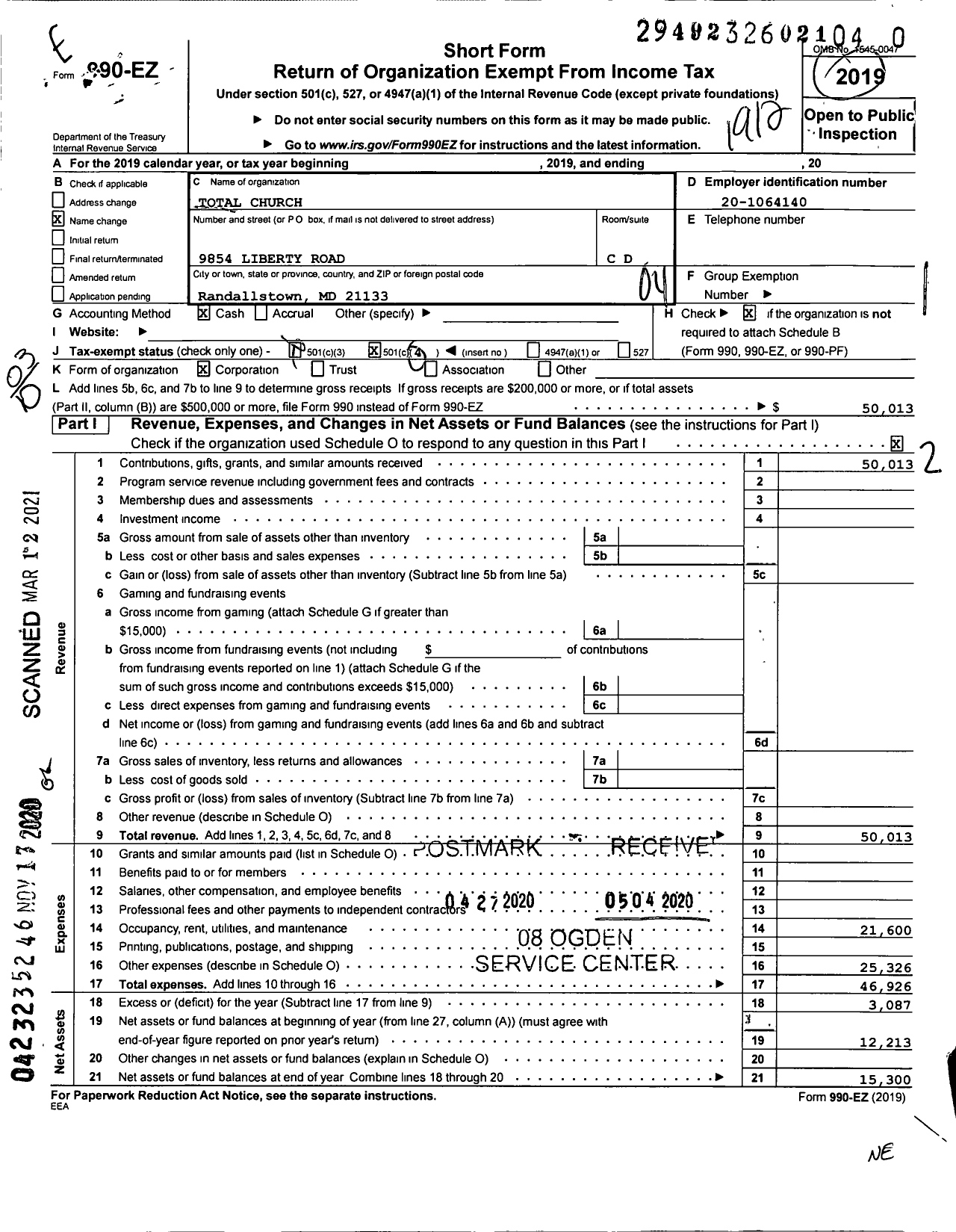 Image of first page of 2019 Form 990EO for Total Church