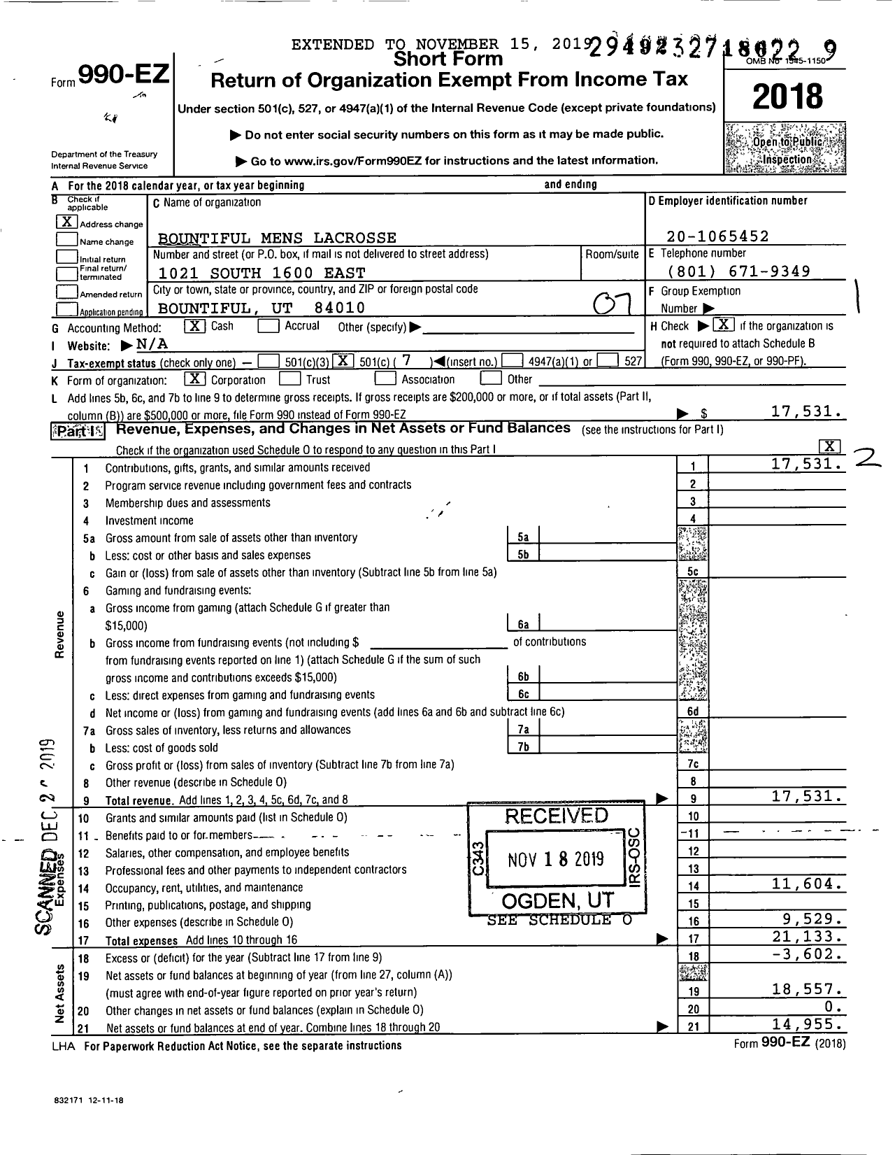 Image of first page of 2018 Form 990EO for Bountiful Mens Lacrosse