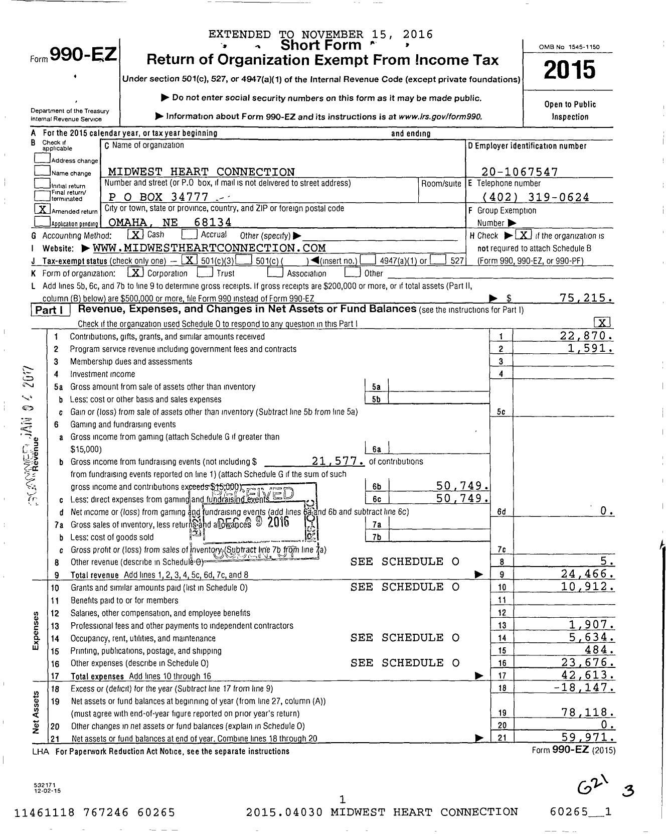 Image of first page of 2015 Form 990EZ for Midwest Heart Connection