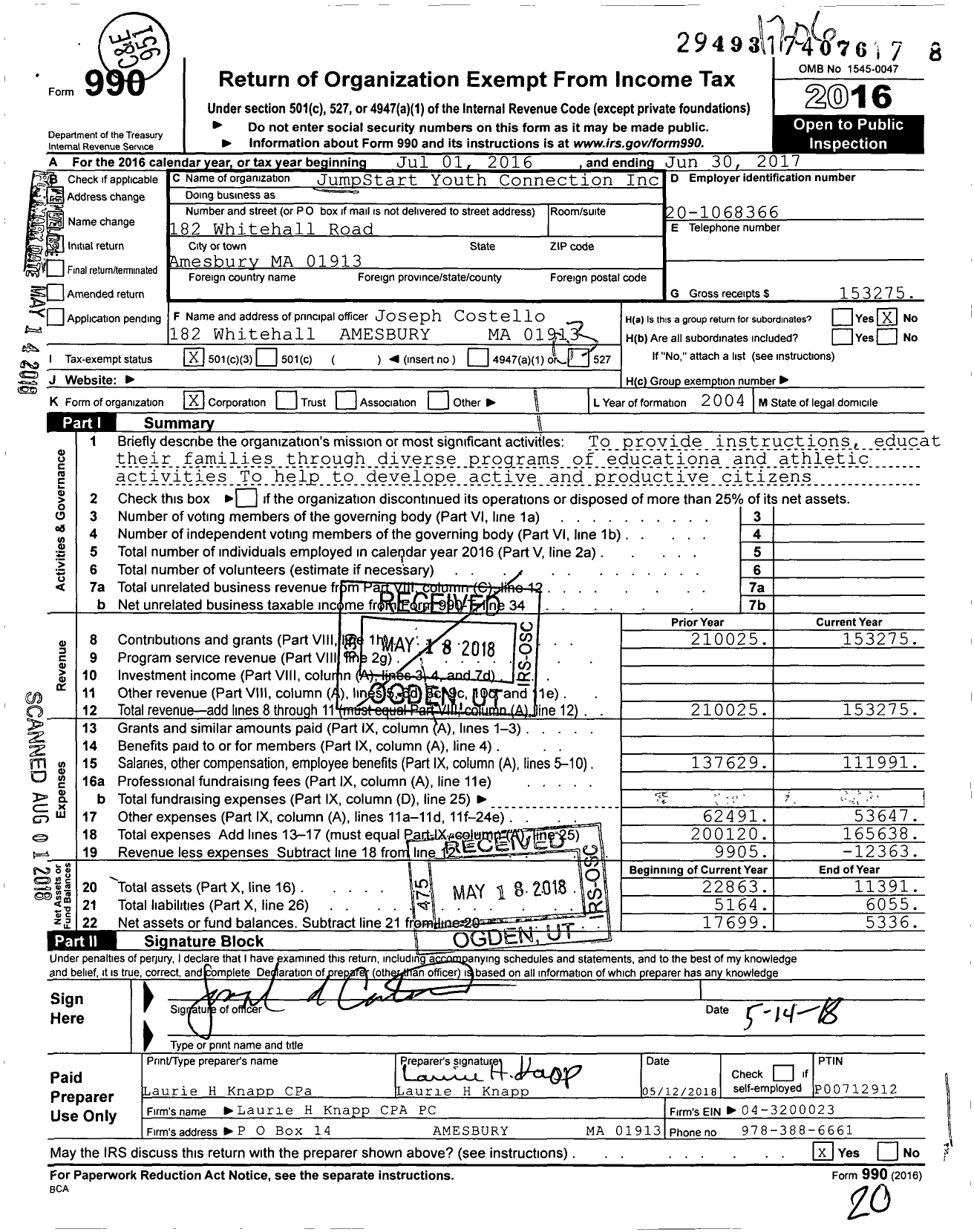 Image of first page of 2016 Form 990 for JumpStart Youth Connection