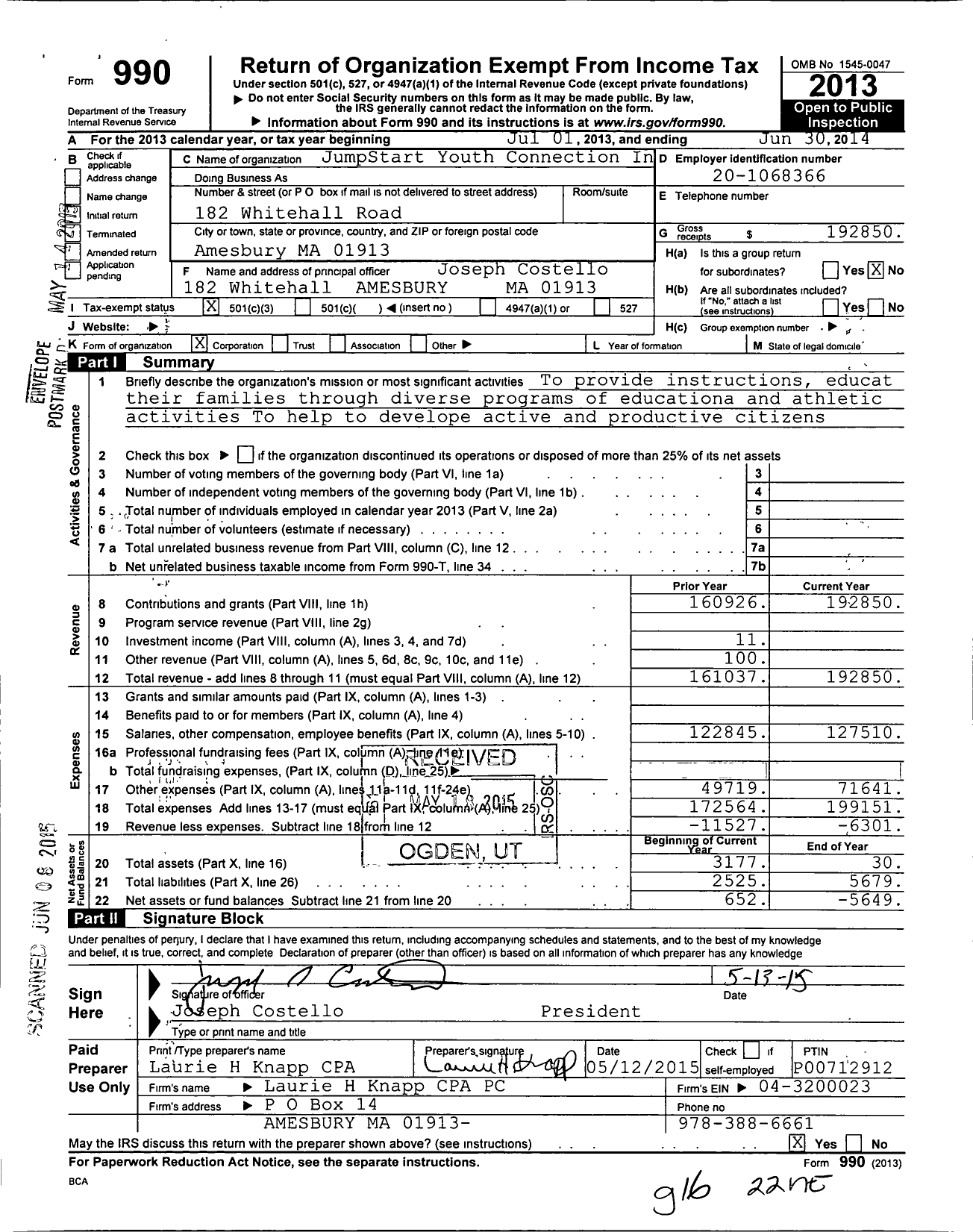 Image of first page of 2013 Form 990 for JumpStart Youth Connection