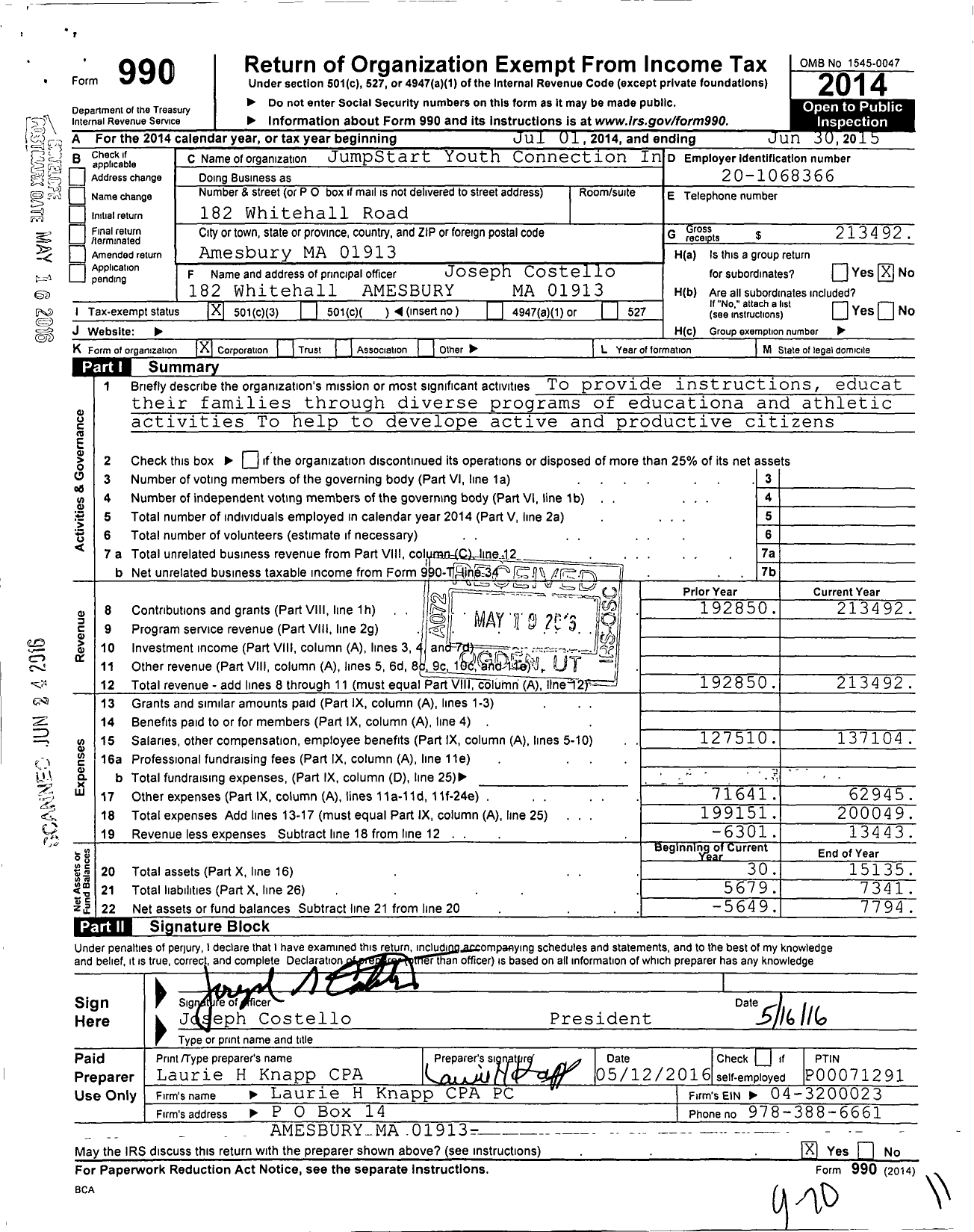 Image of first page of 2014 Form 990 for JumpStart Youth Connection