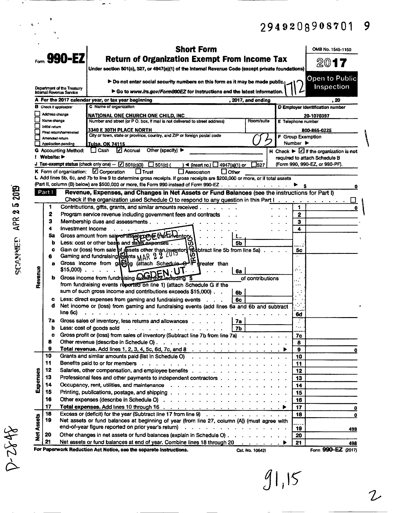 Image of first page of 2017 Form 990EZ for National One Church One Child