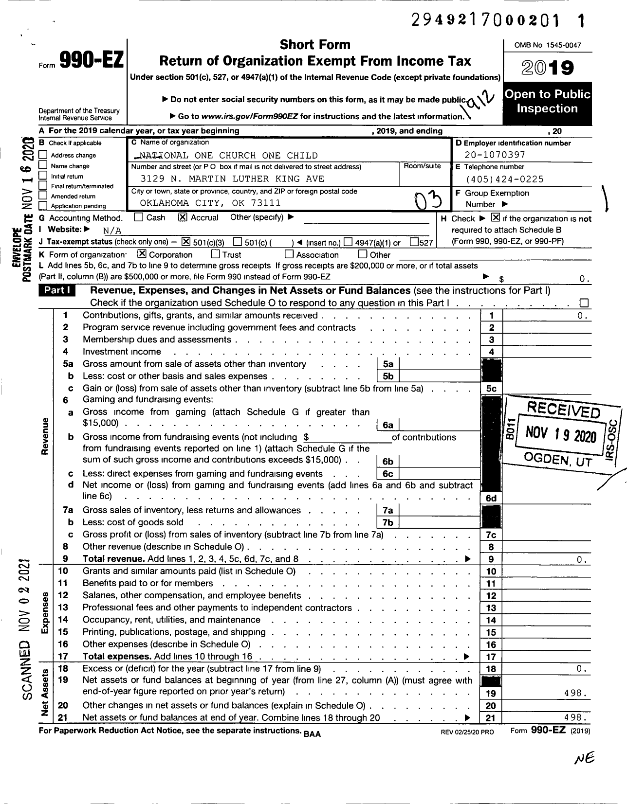 Image of first page of 2019 Form 990EZ for National One Church One Child