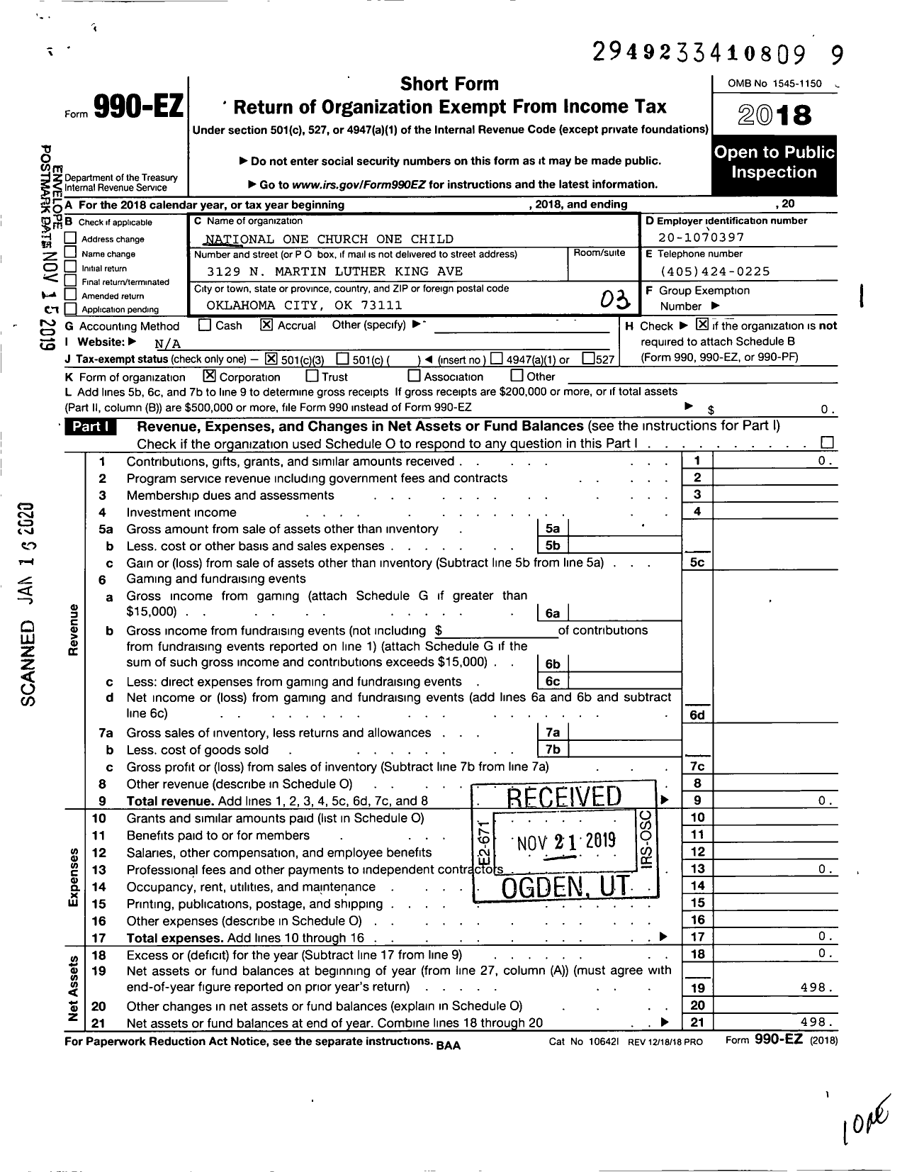 Image of first page of 2018 Form 990EZ for National One Church One Child