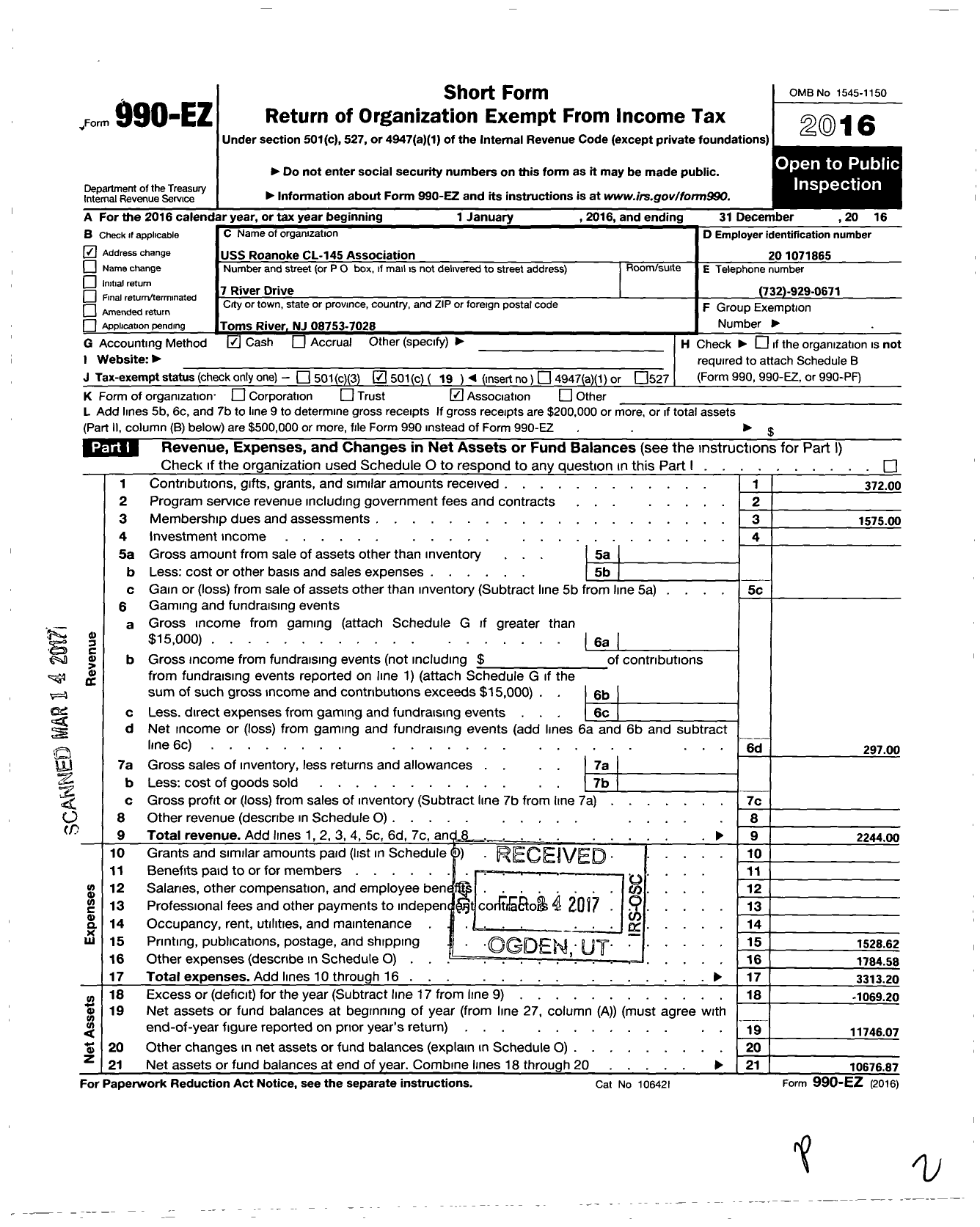 Image of first page of 2016 Form 990EO for Uss Roanoke CL-145 Association