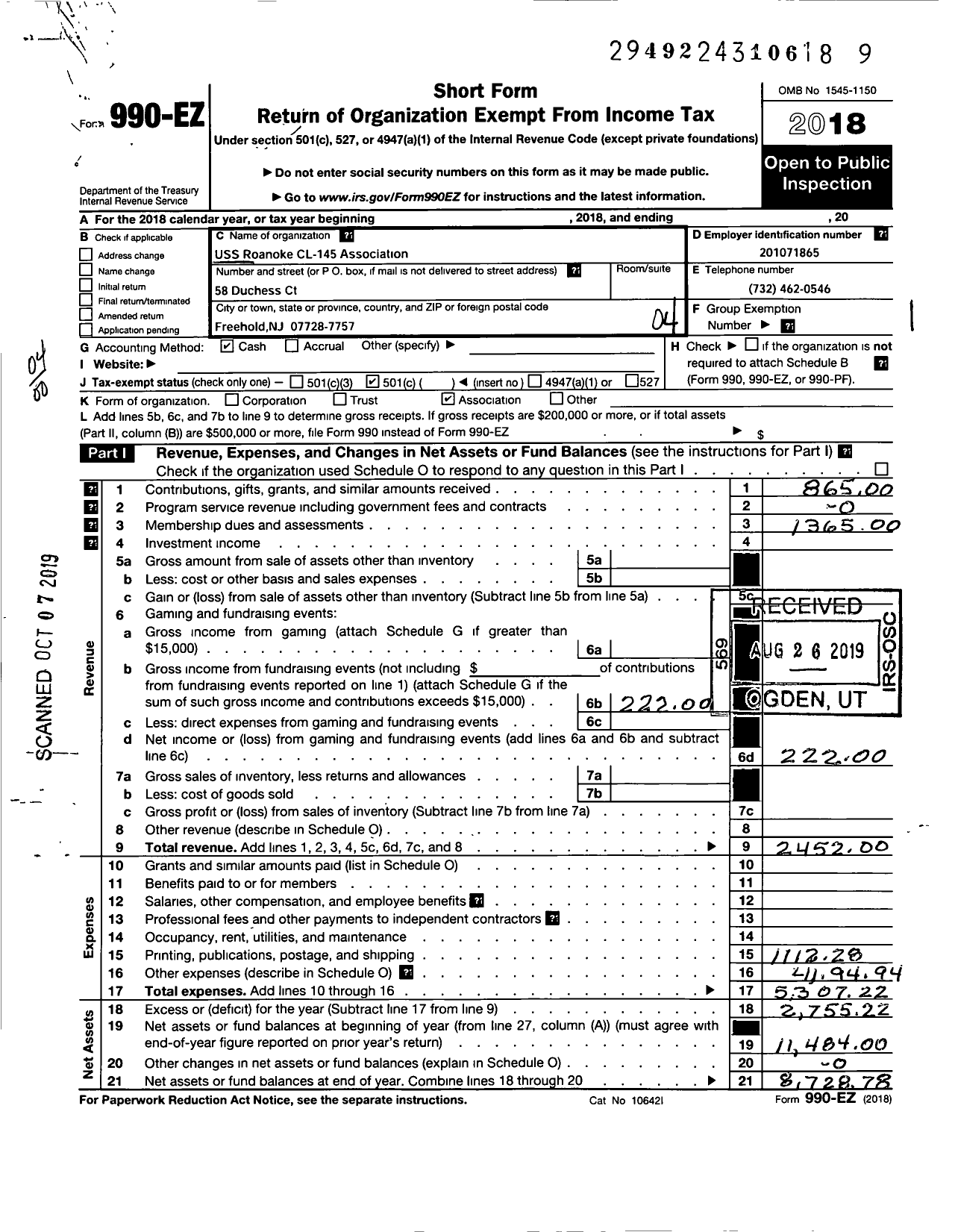 Image of first page of 2018 Form 990EO for Uss Roanoke CL-145 Association