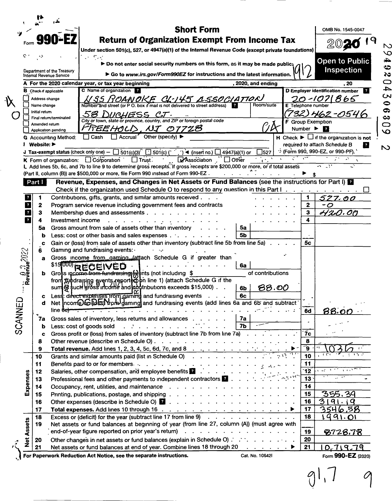 Image of first page of 2019 Form 990EO for Uss Roanoke CL-145 Association