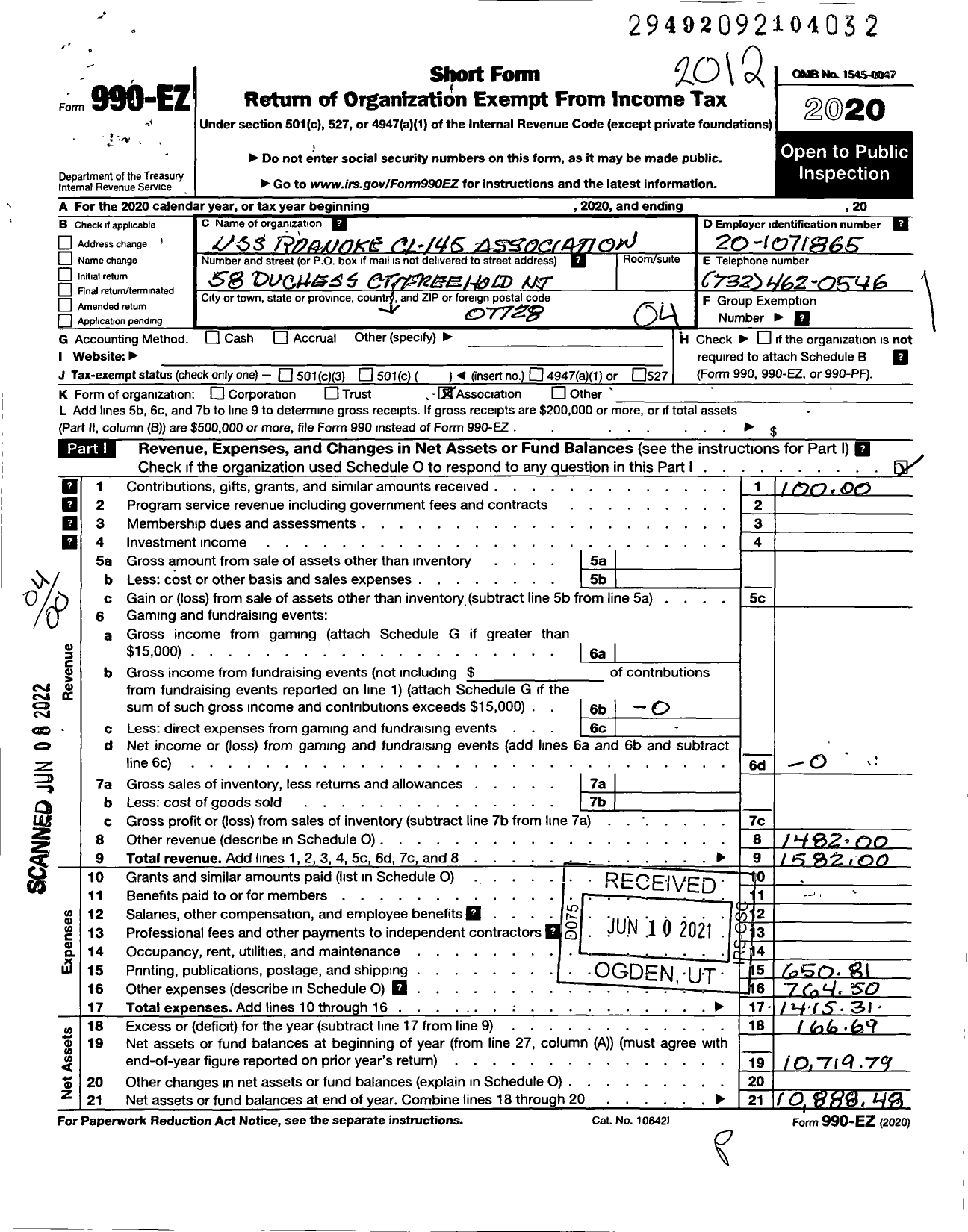 Image of first page of 2020 Form 990EO for Uss Roanoke CL-145 Association