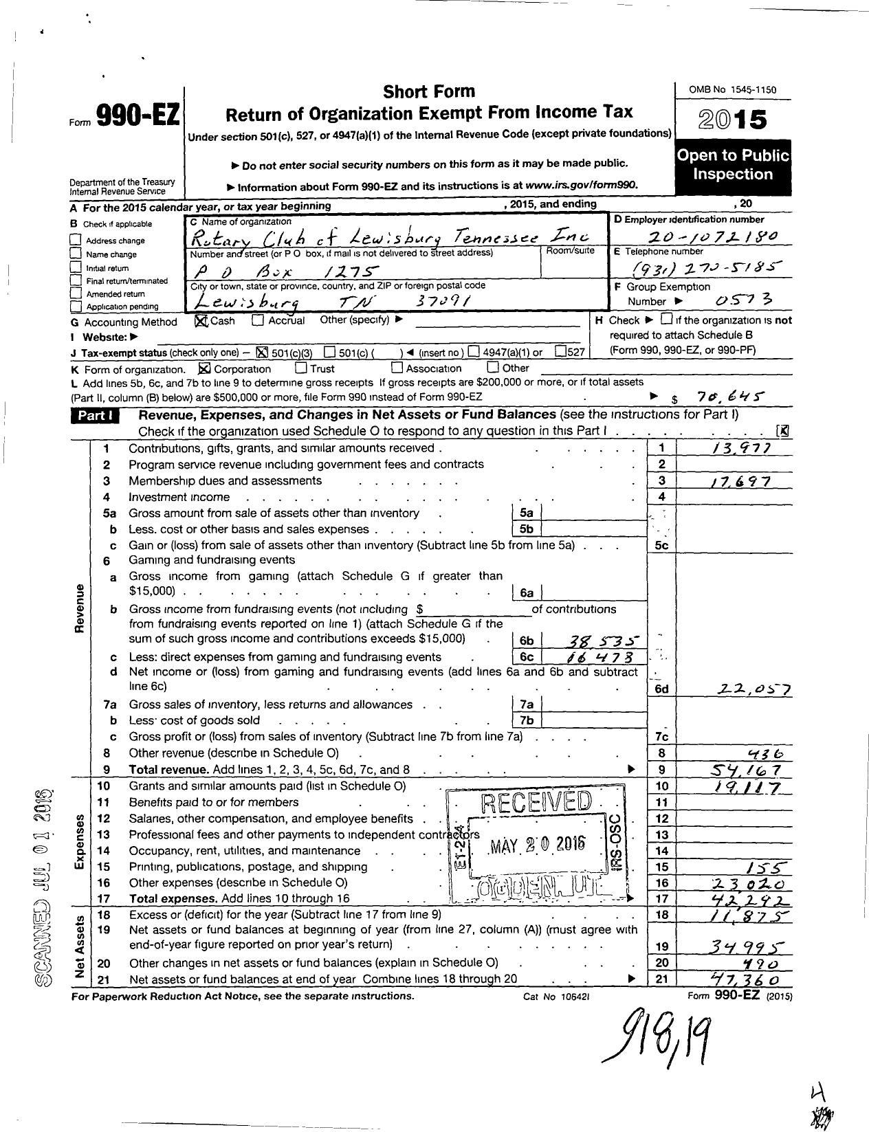 Image of first page of 2015 Form 990EZ for Rotary Club of Lewisburg