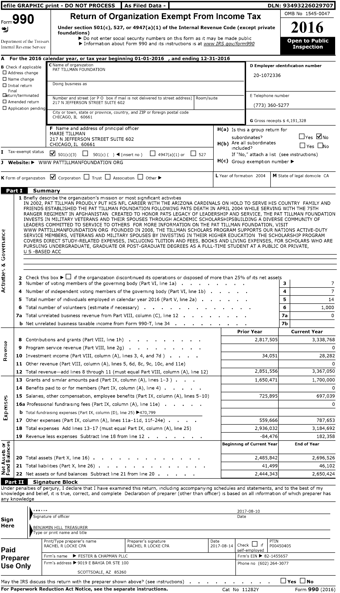 Image of first page of 2016 Form 990 for Pat Tillman Foundation