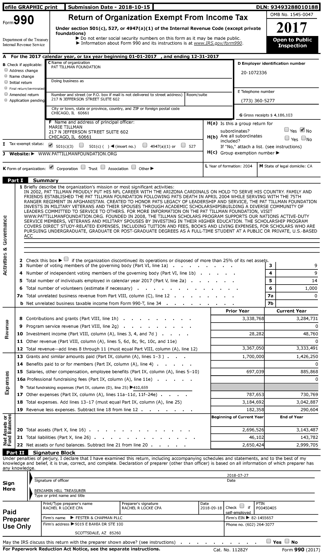 Image of first page of 2017 Form 990 for Pat Tillman Foundation