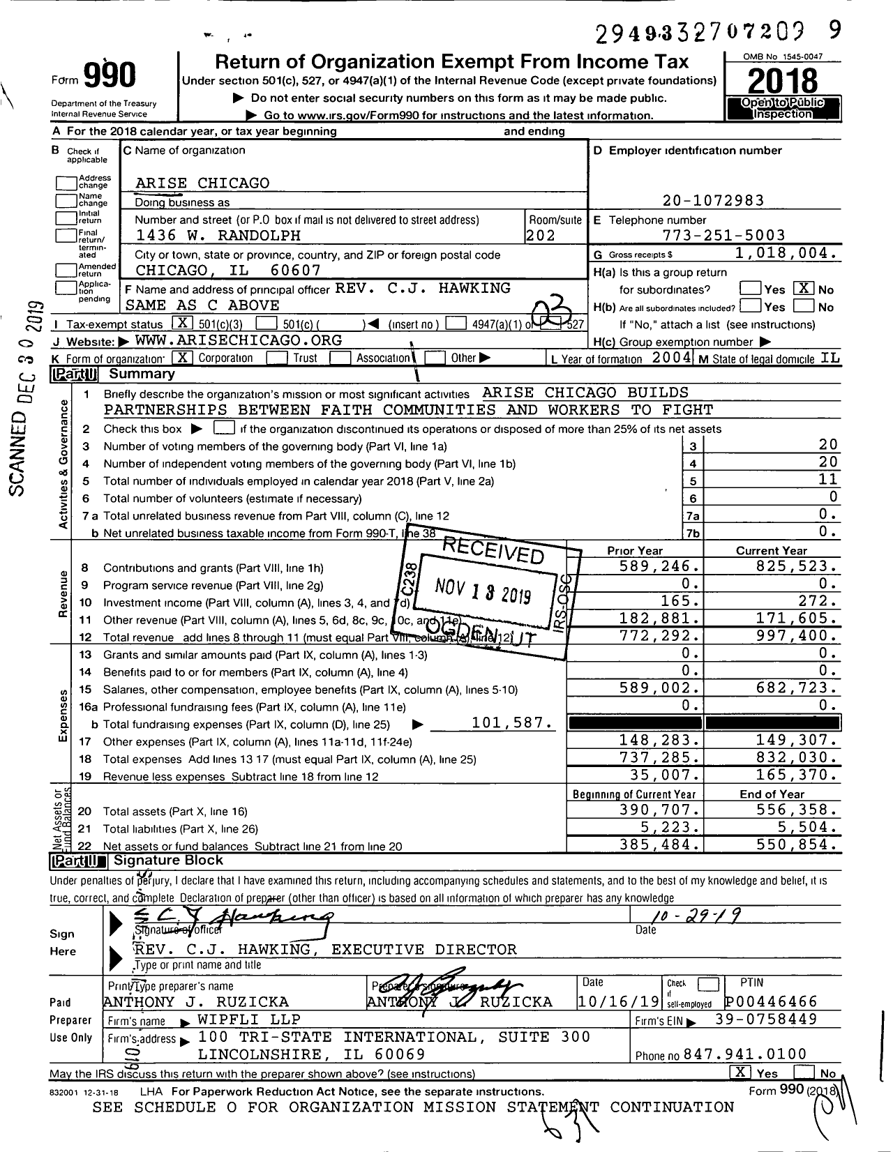 Image of first page of 2018 Form 990 for Arise Chicago