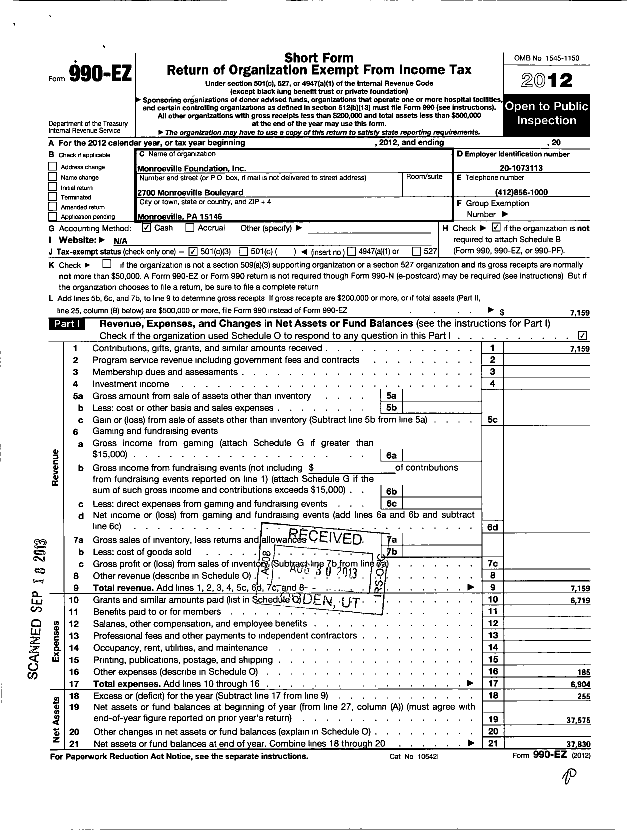 Image of first page of 2012 Form 990EZ for Monroeville Foundation