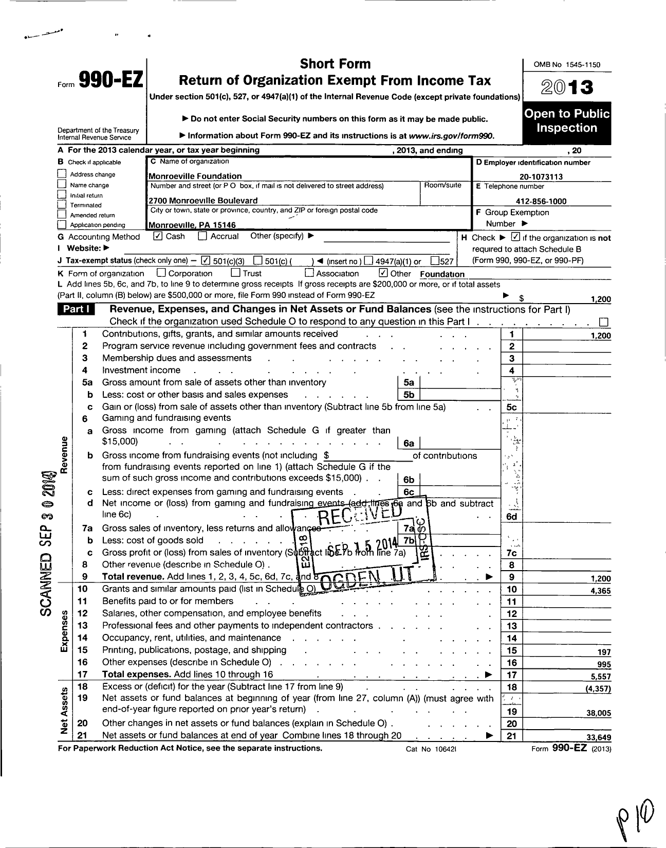 Image of first page of 2013 Form 990EZ for Monroeville Foundation