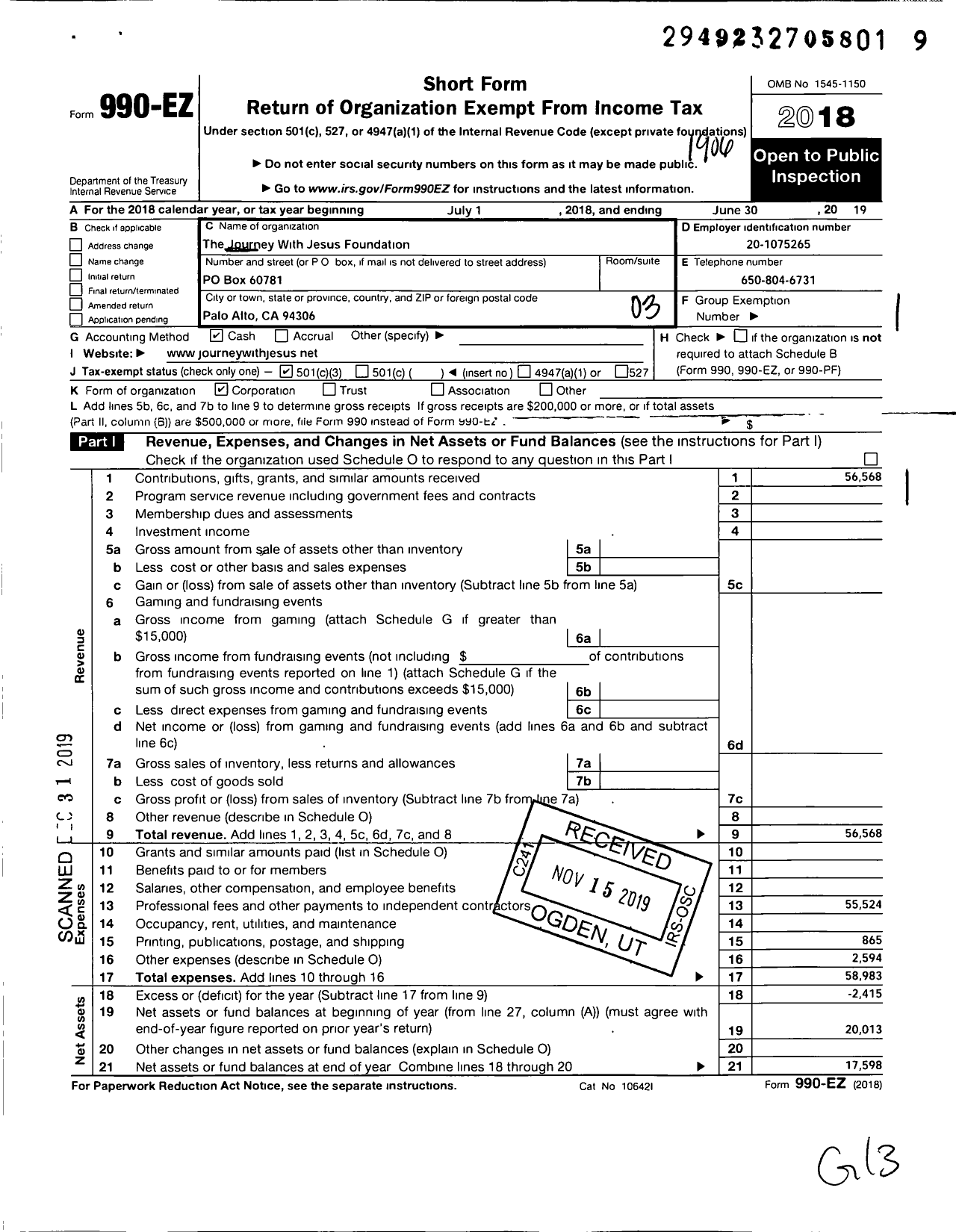 Image of first page of 2018 Form 990EZ for The Journey with Jesus Foundation