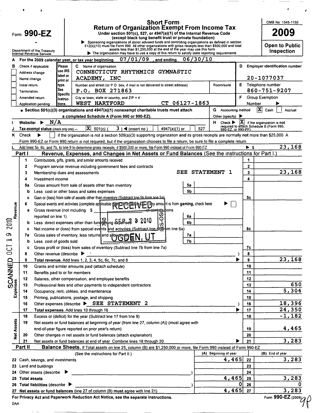 Image of first page of 2009 Form 990EZ for Connecticut Rhythmics Gymnastic Academy