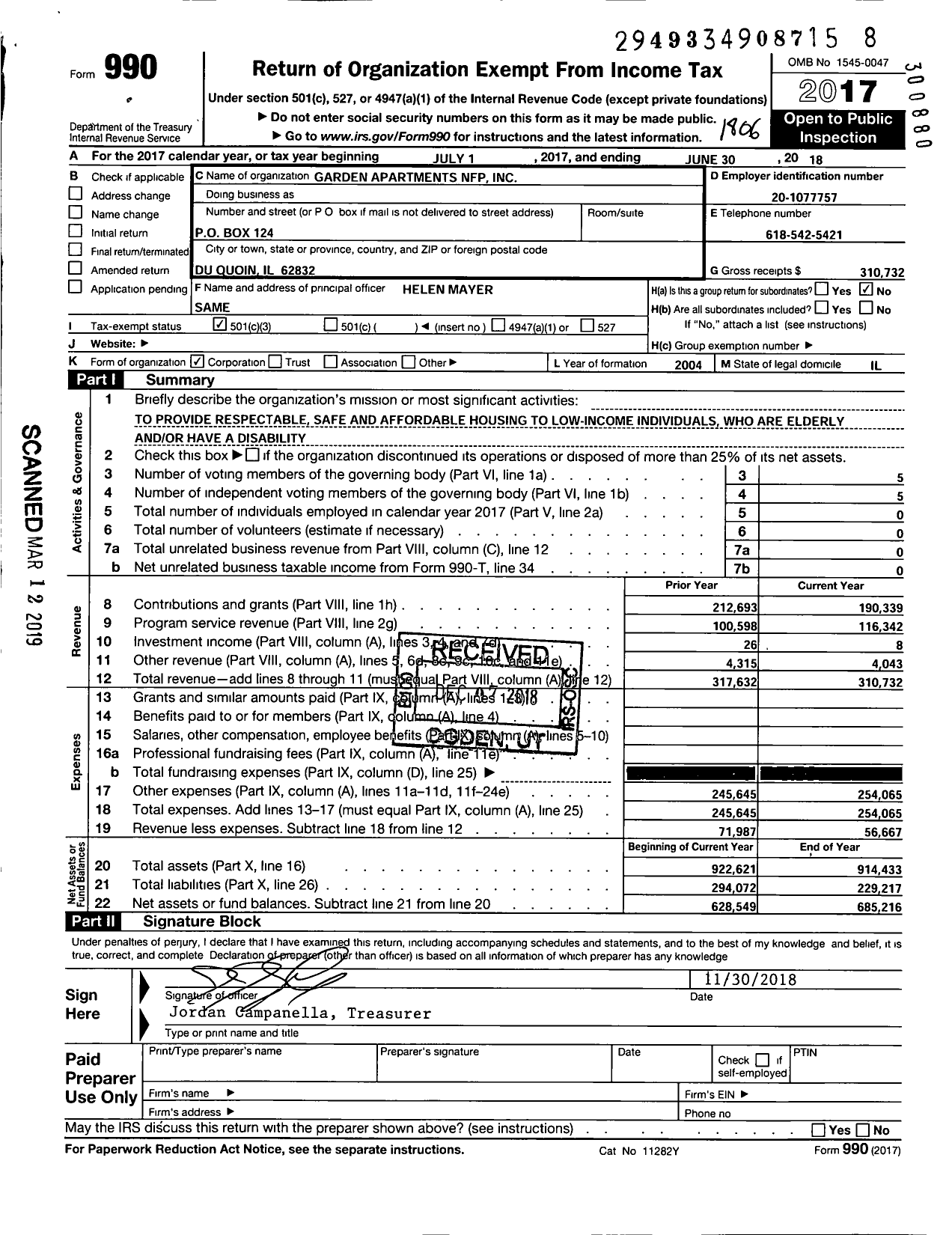 Image of first page of 2017 Form 990 for Garden Apartments NFP