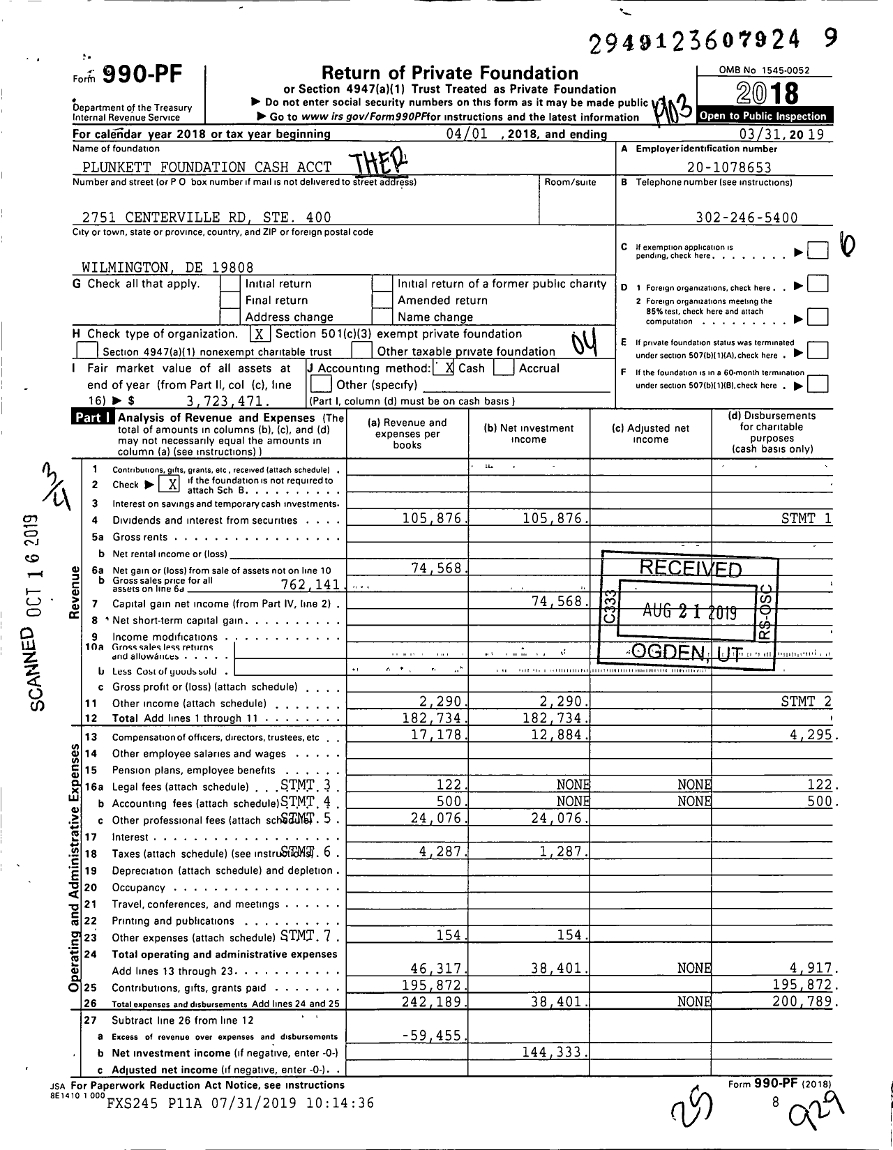 Image of first page of 2018 Form 990PF for Plunkett Foundation Cash Acct