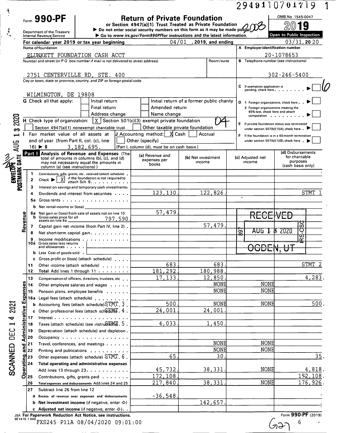 Image of first page of 2019 Form 990PF for Plunkett Foundation Cash Acct