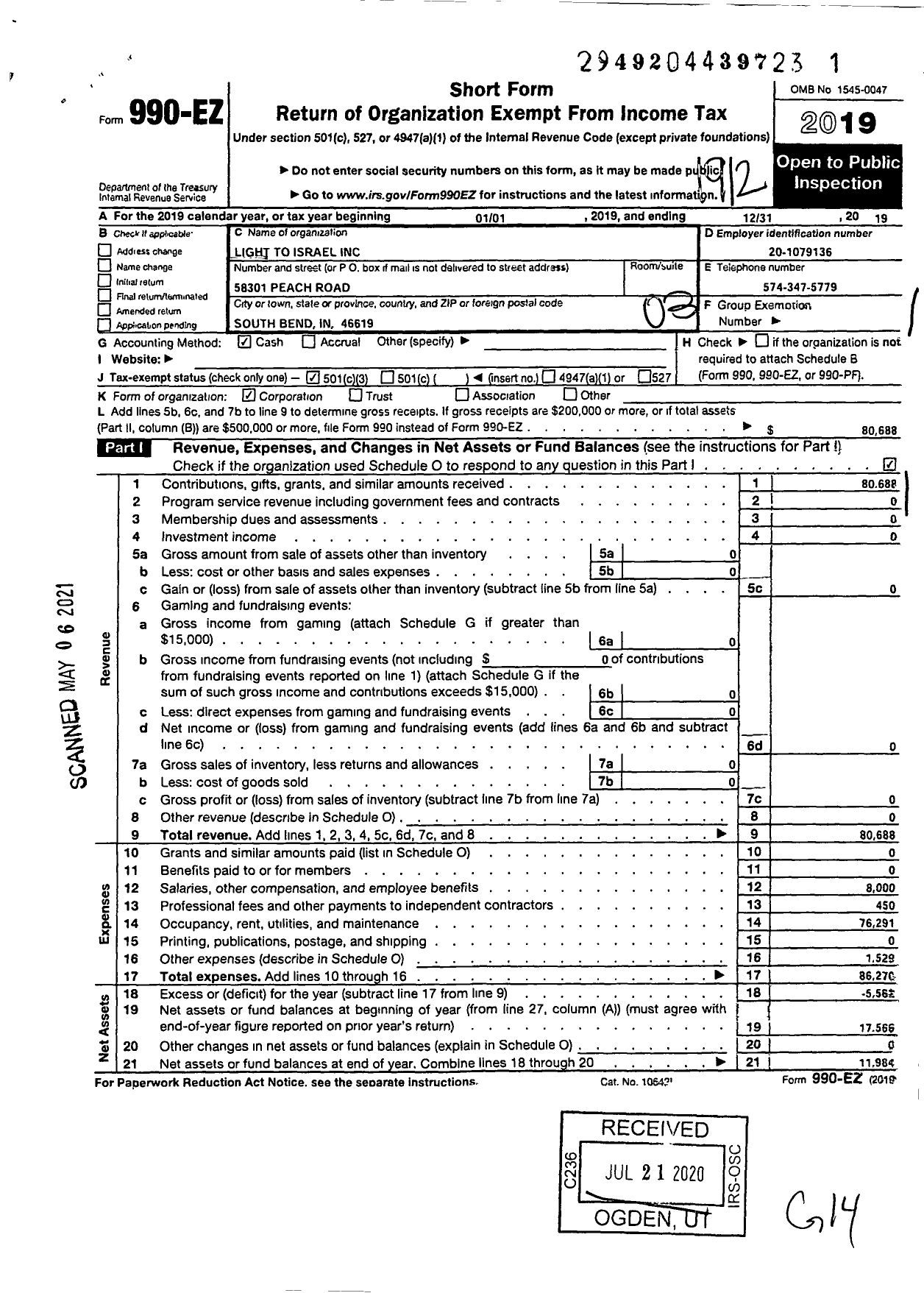 Image of first page of 2019 Form 990EZ for Light To Israel