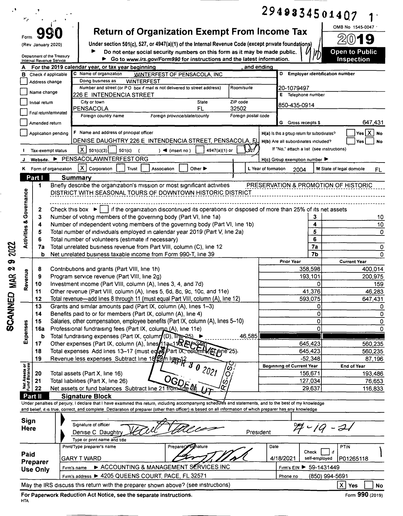 Image of first page of 2019 Form 990 for Winterfest