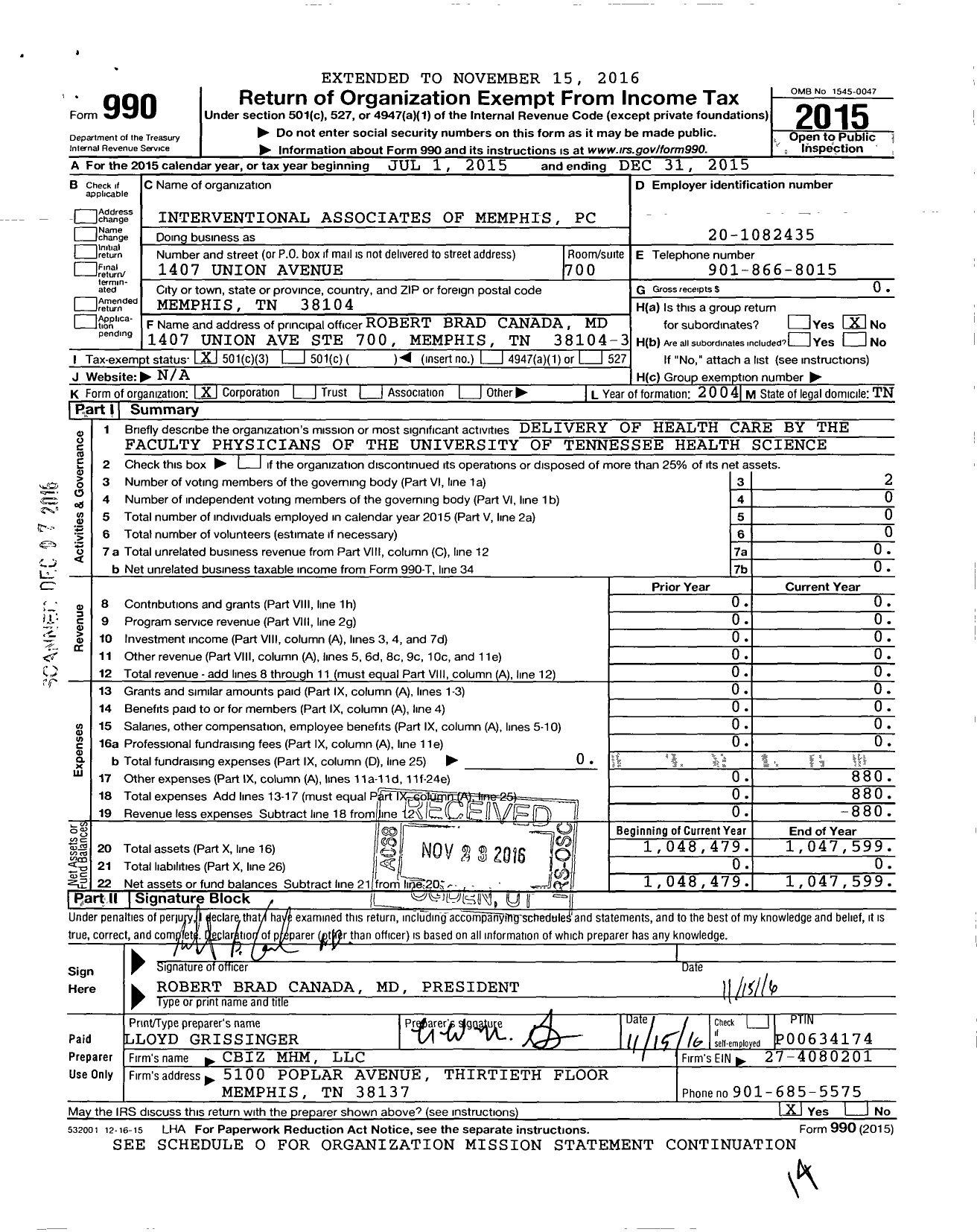 Image of first page of 2015 Form 990 for Interventional Associates of Memphis PC