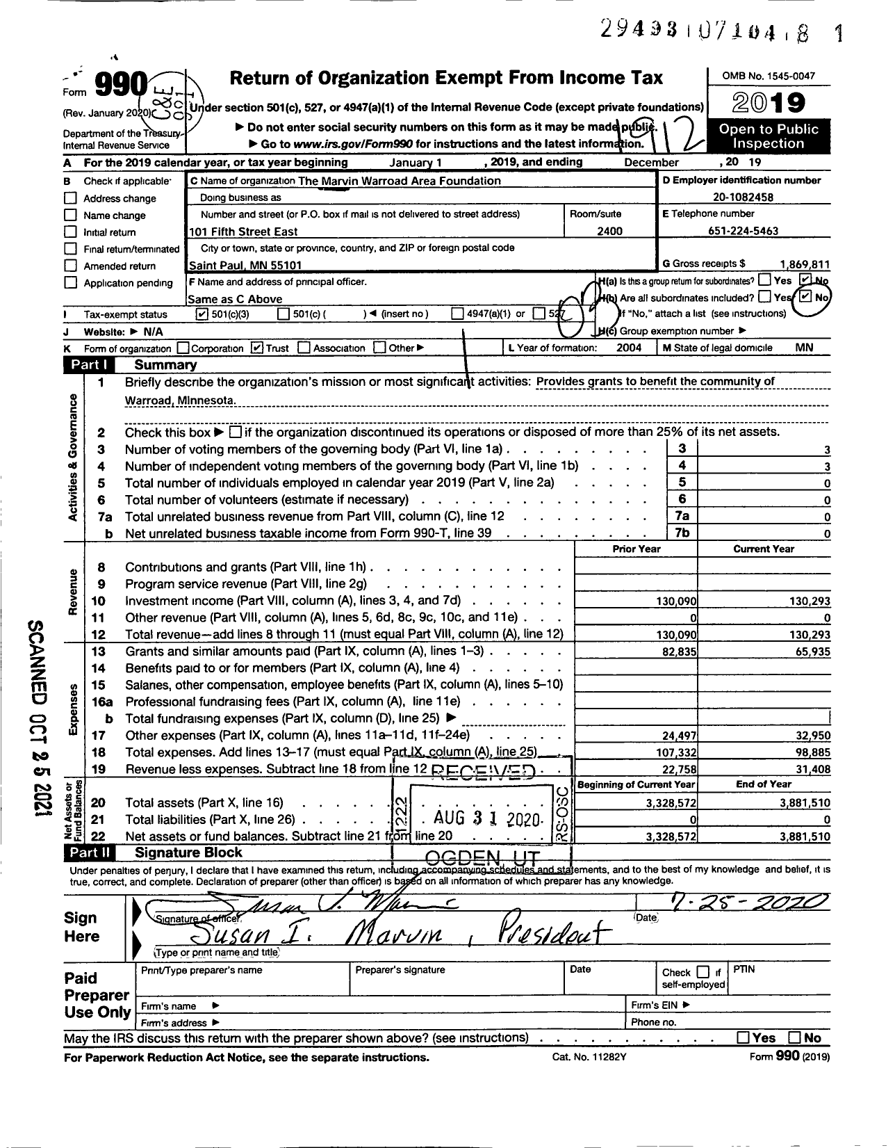 Image of first page of 2019 Form 990 for The Marvin Warroad Area Foundation