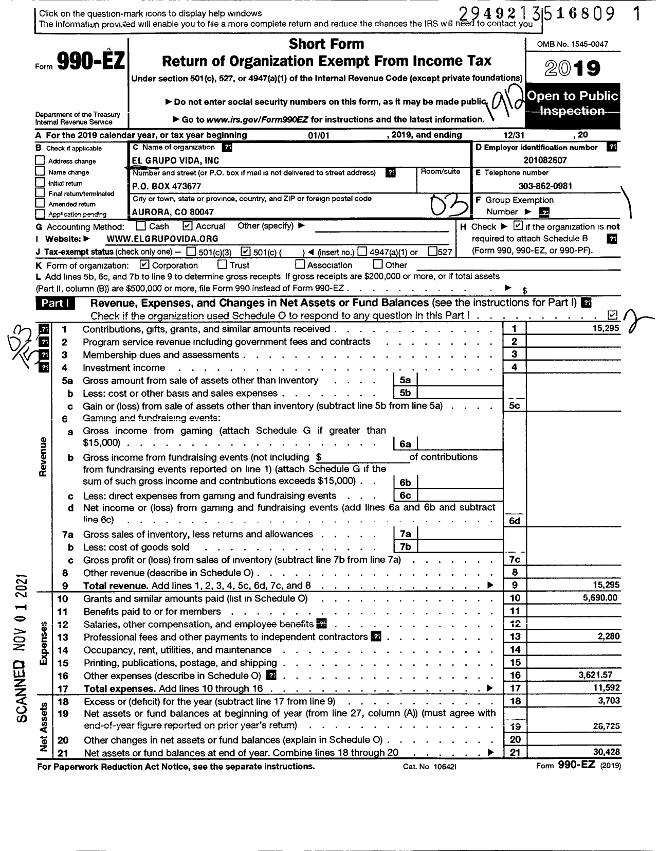 Image of first page of 2019 Form 990EZ for El Grupo Vida