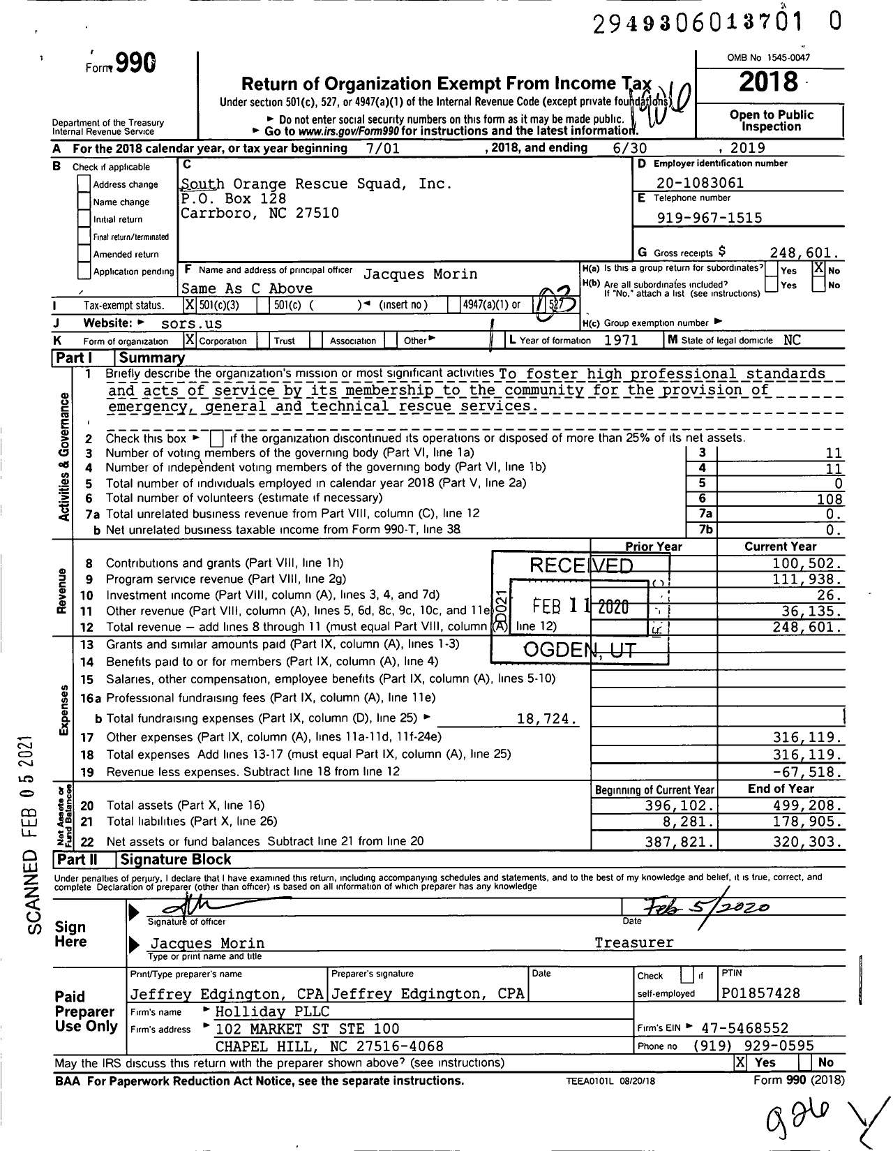 Image of first page of 2018 Form 990 for South Orange Rescue Squad