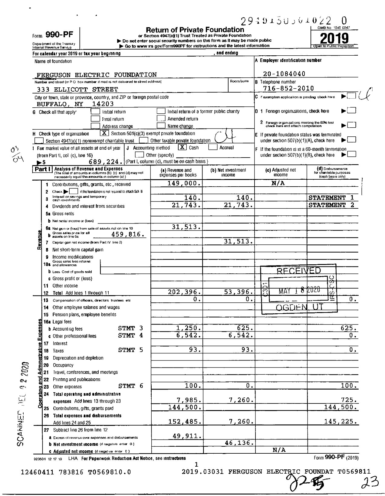 Image of first page of 2019 Form 990PF for Ferguson Electric Foundation