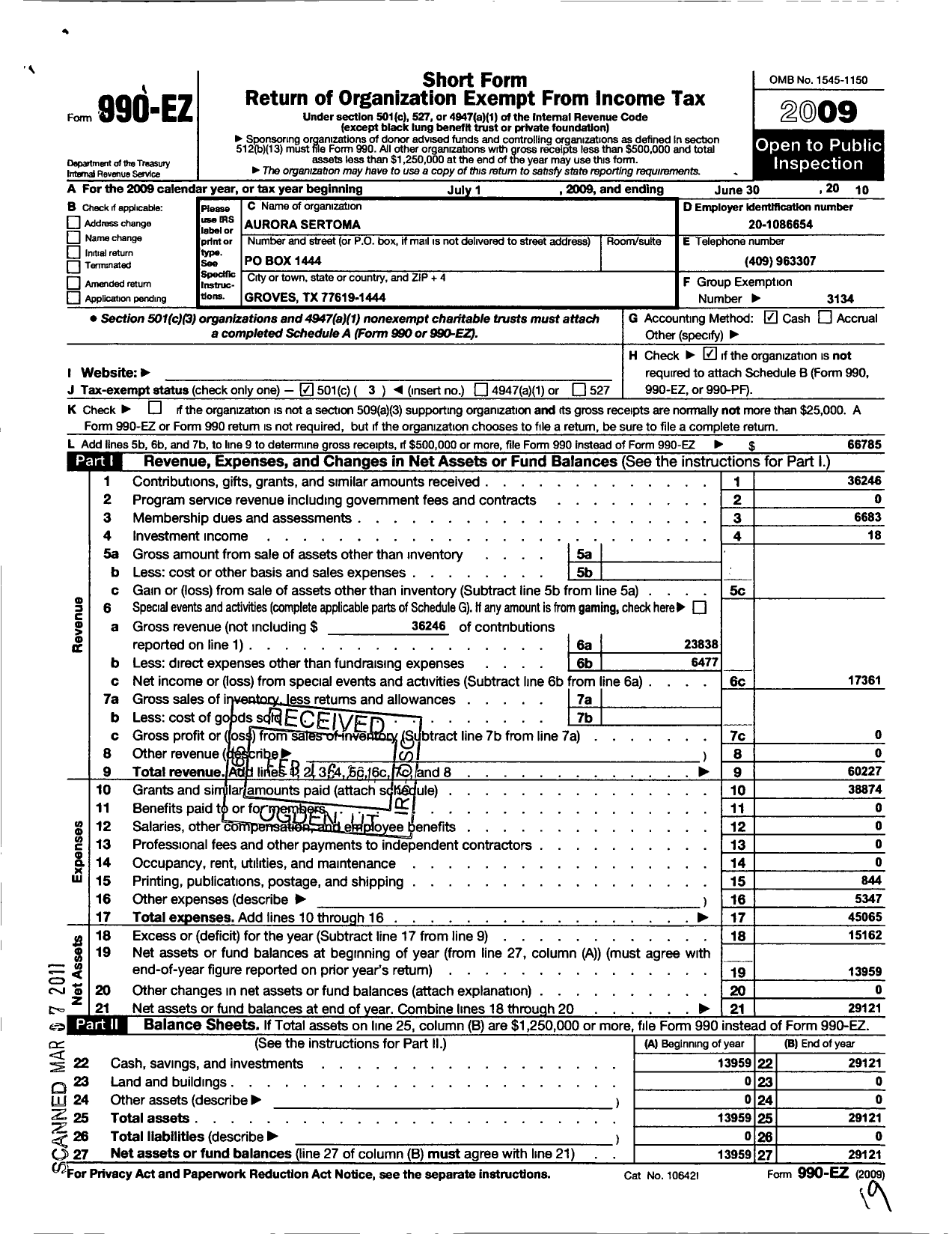 Image of first page of 2009 Form 990EZ for Sertoma - 11030 Aurora-Golden Triangle Sertom
