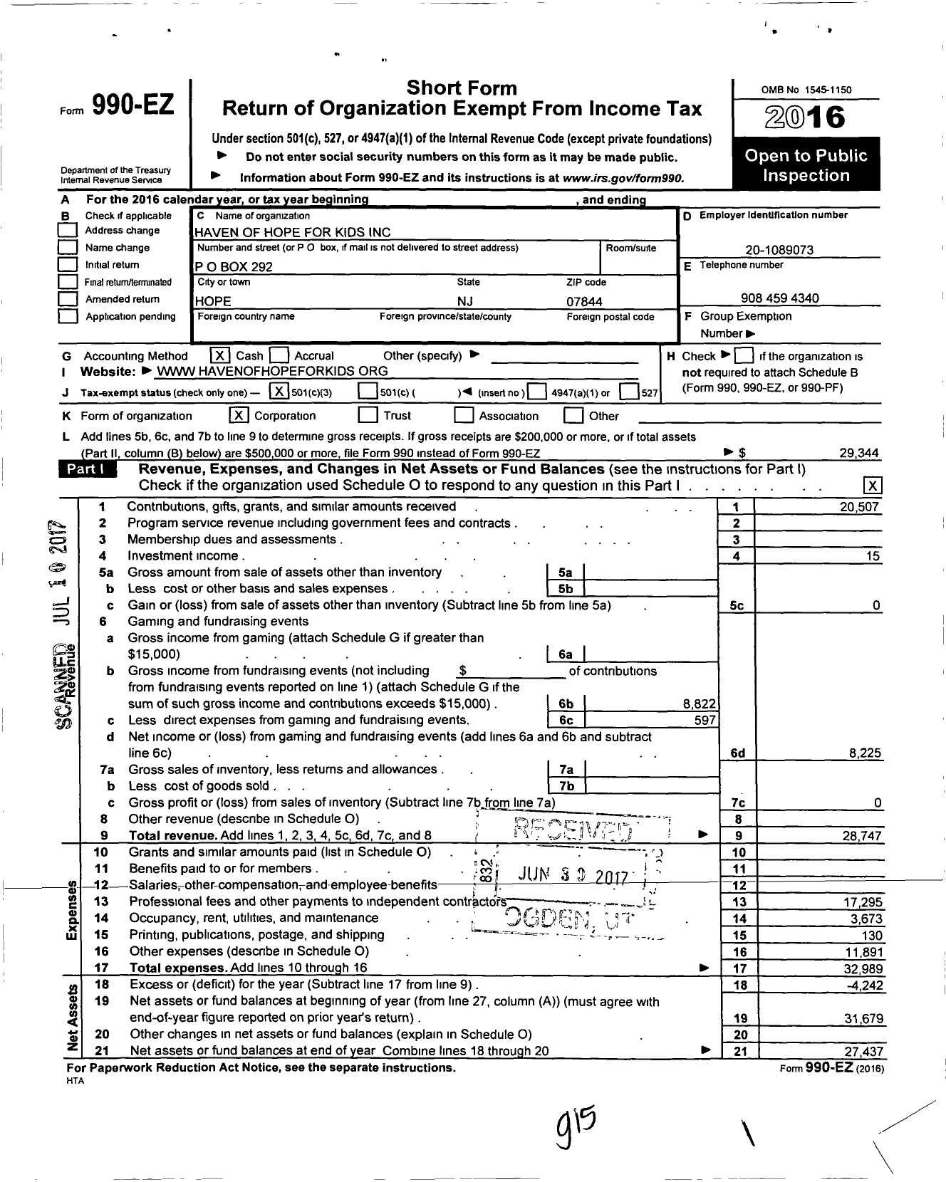 Image of first page of 2016 Form 990EZ for Haven of Hope for Kids