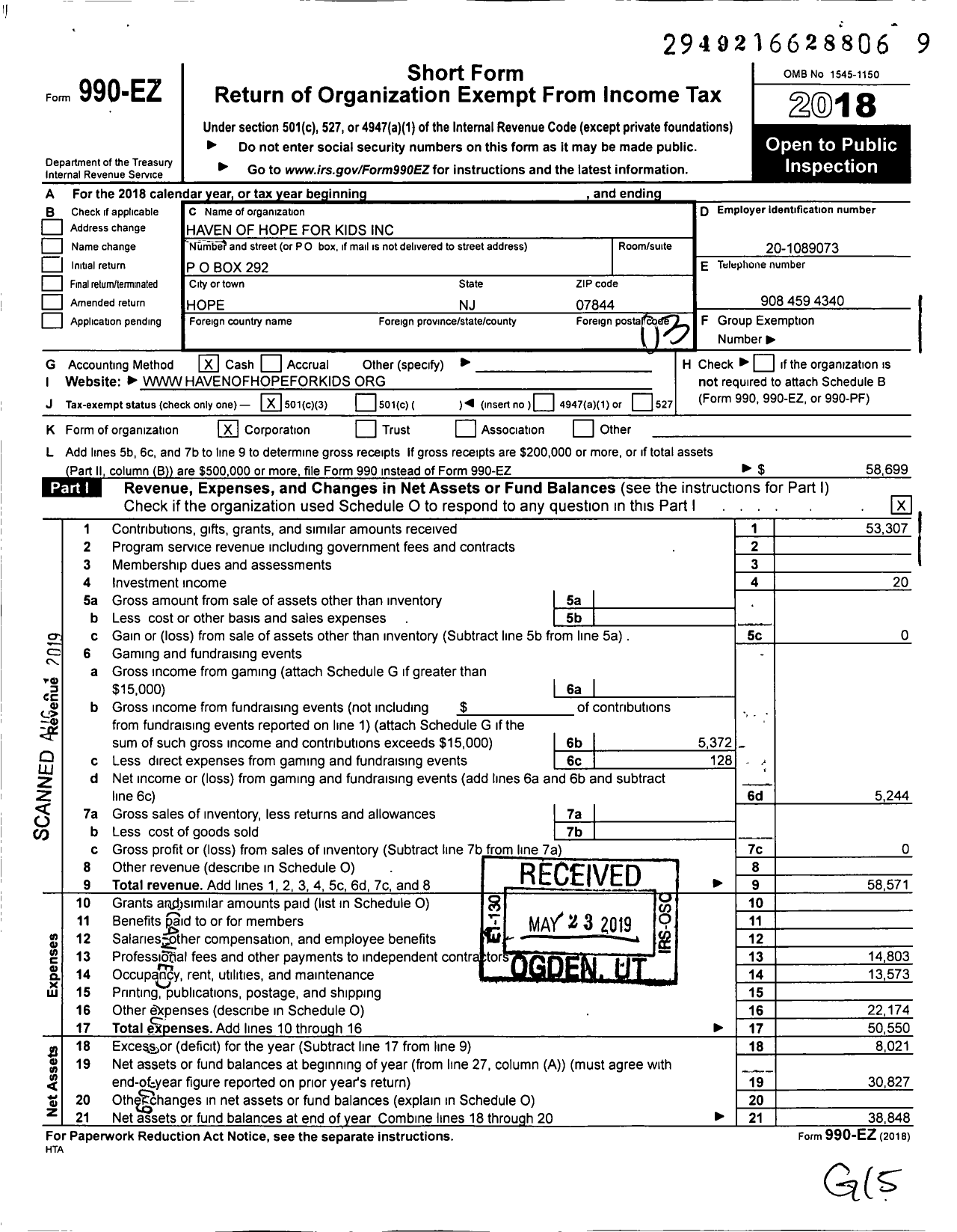 Image of first page of 2018 Form 990EZ for Haven of Hope for Kids