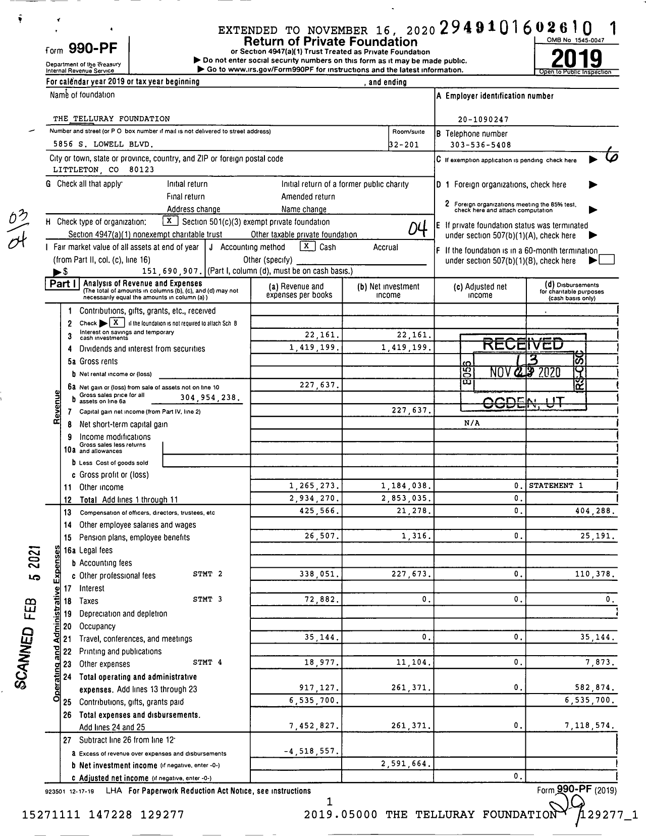 Image of first page of 2019 Form 990PF for The Telluray Foundation