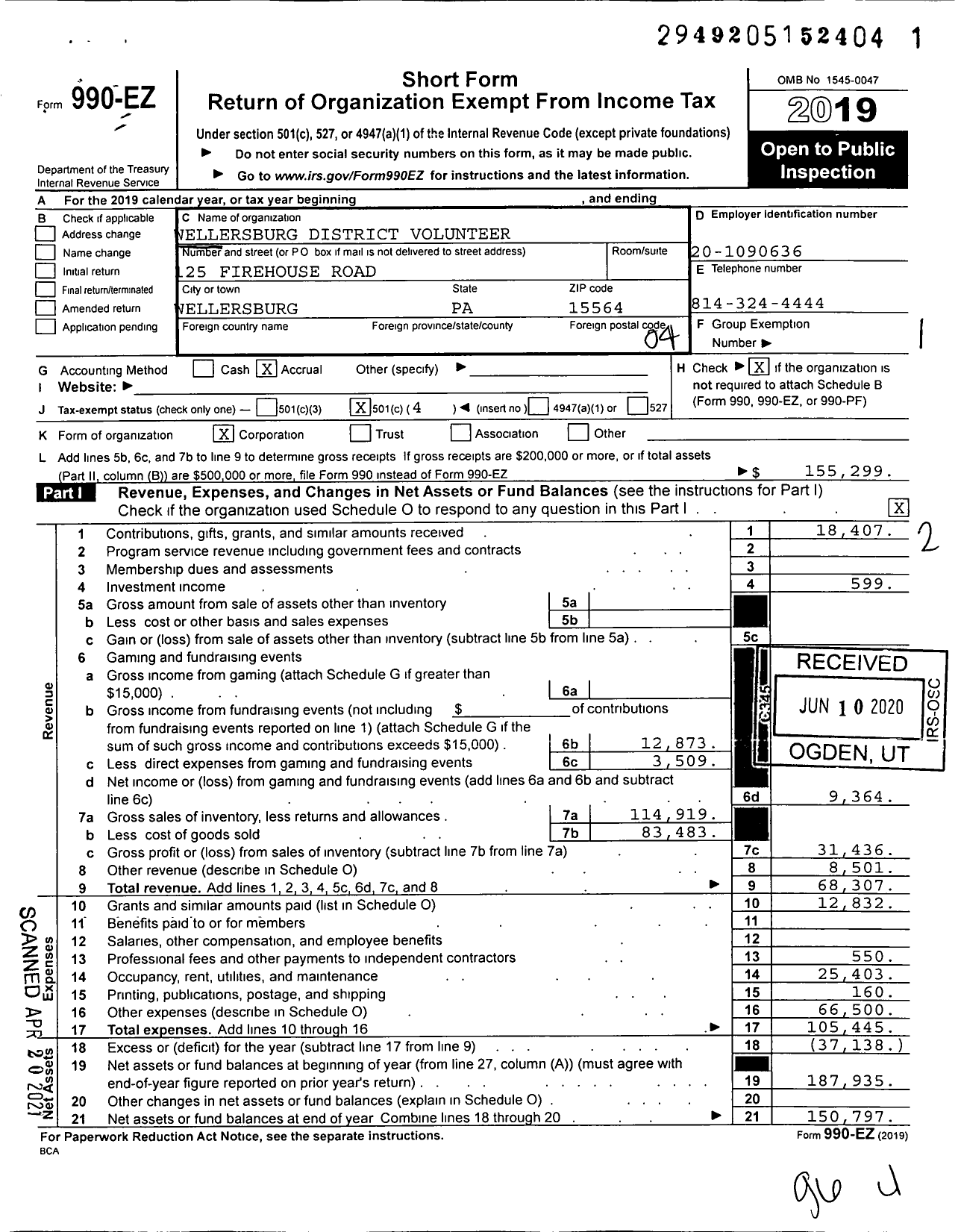 Image of first page of 2019 Form 990EO for Wellersburg District Volunteer Fire Company