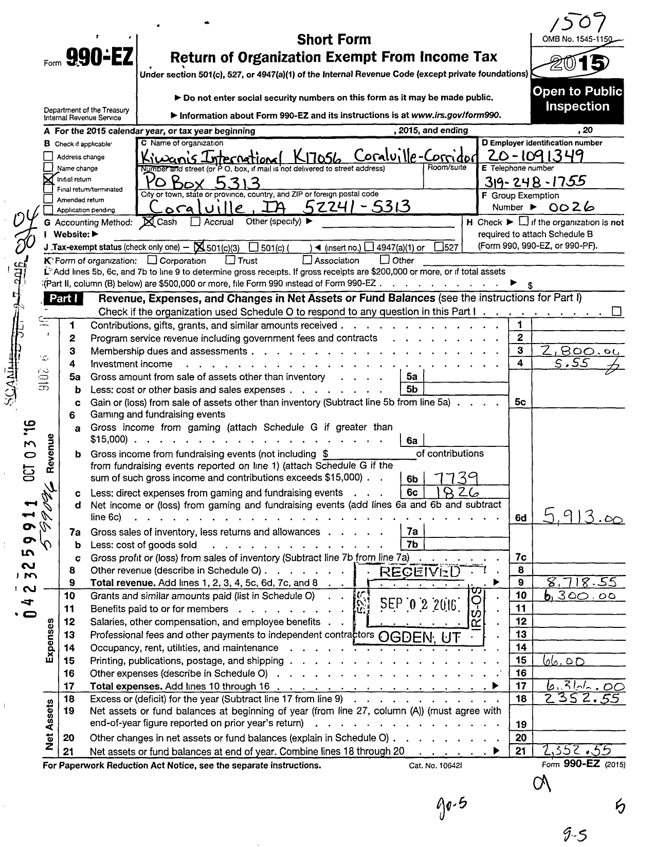 Image of first page of 2014 Form 990EZ for Kiwanis International - K17056 Coralville-Corridor Kiwanis