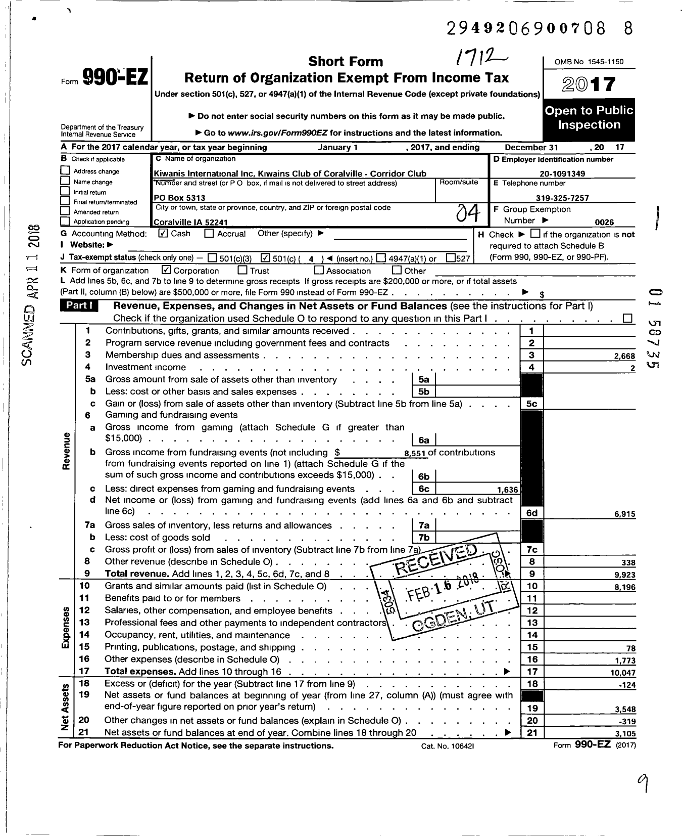 Image of first page of 2017 Form 990EO for Kiwanis International - K17056 Coralville-Corridor Kiwanis