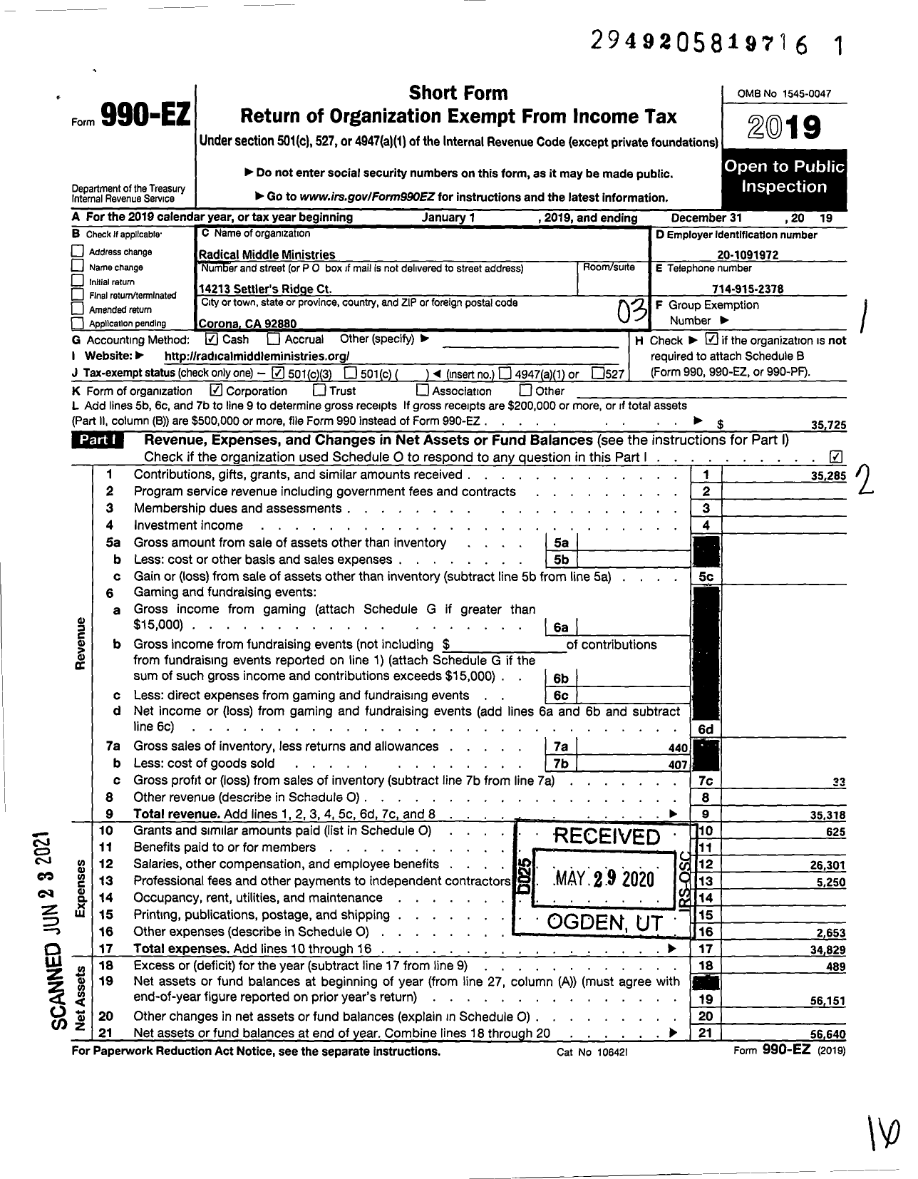 Image of first page of 2019 Form 990EZ for Radical Middle Ministries