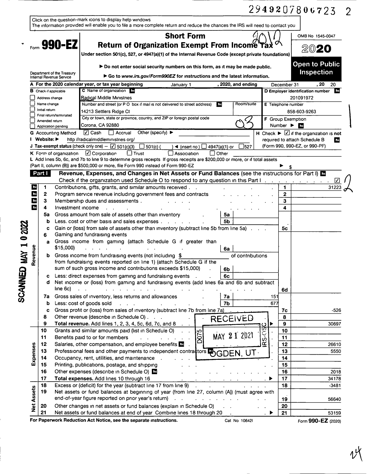 Image of first page of 2020 Form 990EZ for Radical Middle Ministries